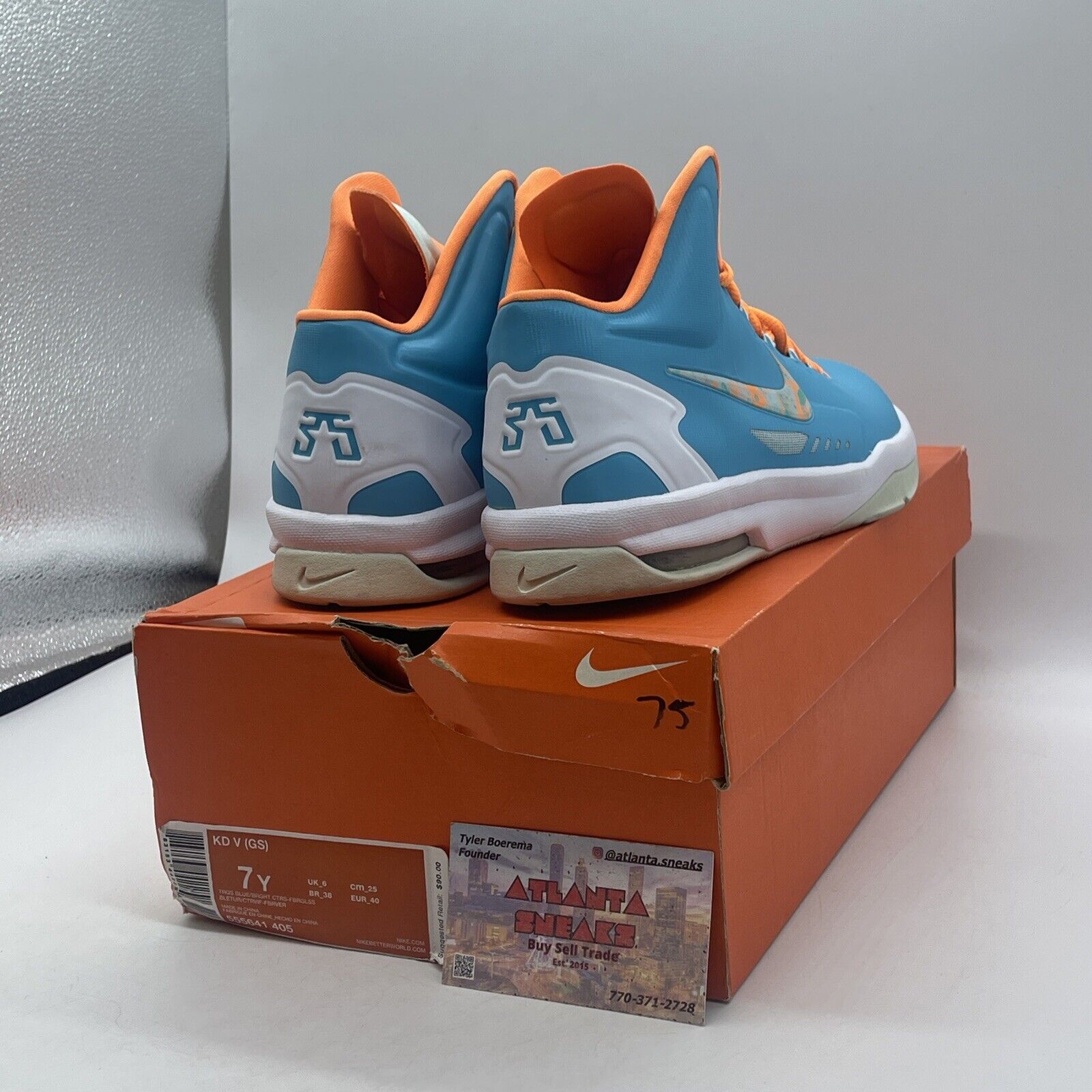 Size 7Y- Nike KD 5 Easter Blue Orange White Leather Suede (554988-402)