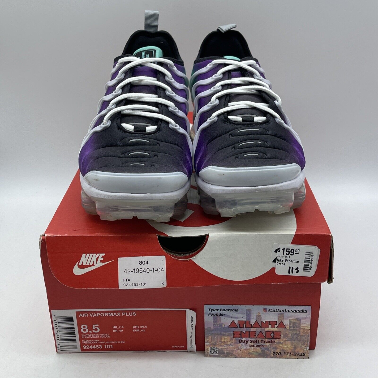 Size 8.5 - Nike Air VaporMax Plus Grape White Black Green Suede (924453-101)