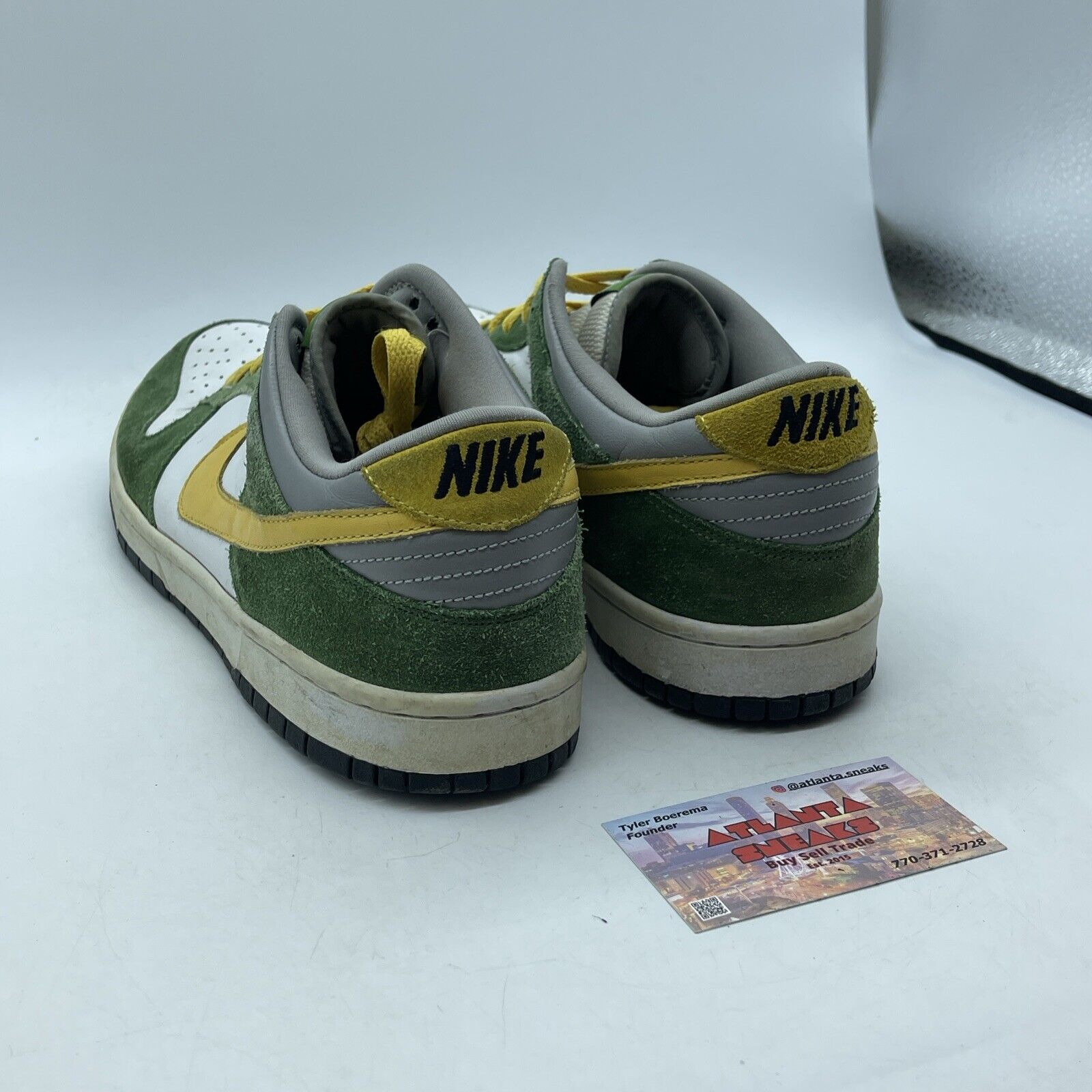 Size 10 Nike Dunk Low 6.0 White Dijon Tree Line  Green Yellow Suede (313439-131)