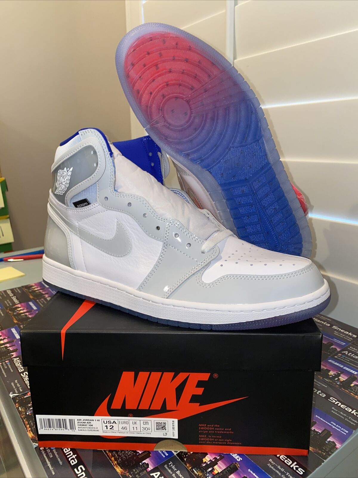 Jordan 1 Retro High Zoom White Racer Blue, Size 12 Men Icy Sole Blue Red White