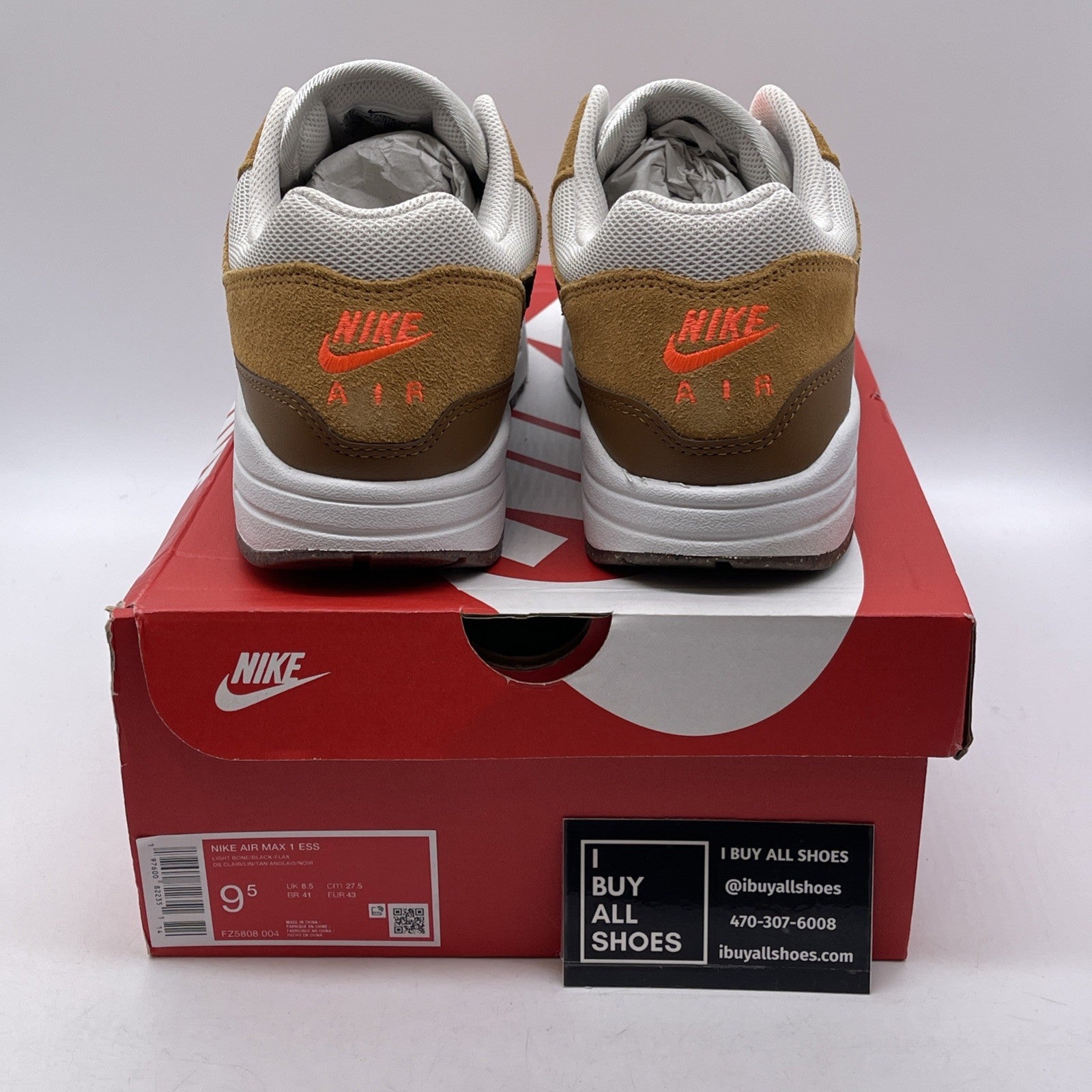 Size 9.5 - Nike Air Max 1 Essential Flax British Tan Suede Leather (FZ5808-004)