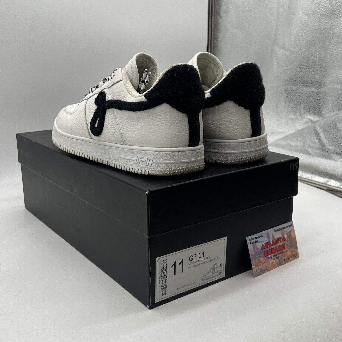 Size 11 - John Geiger GF-01 White Pebbled Leather Black Chenille GF 01
