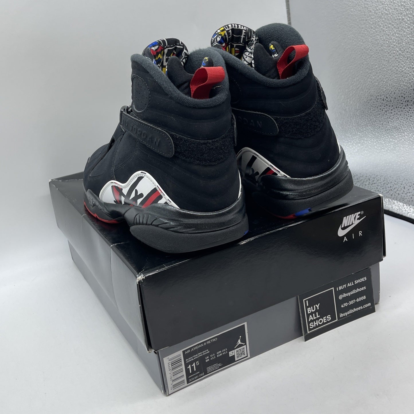 Size 11.5 - Jordan 8 Retro Mid Playoff Black White Red Suede (305381-062)