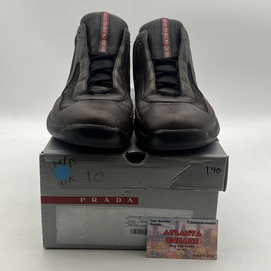 Size 10 PRADA Americas Cup Sneakers Shoes Brown Leather Mesh Shoes (4T1234)