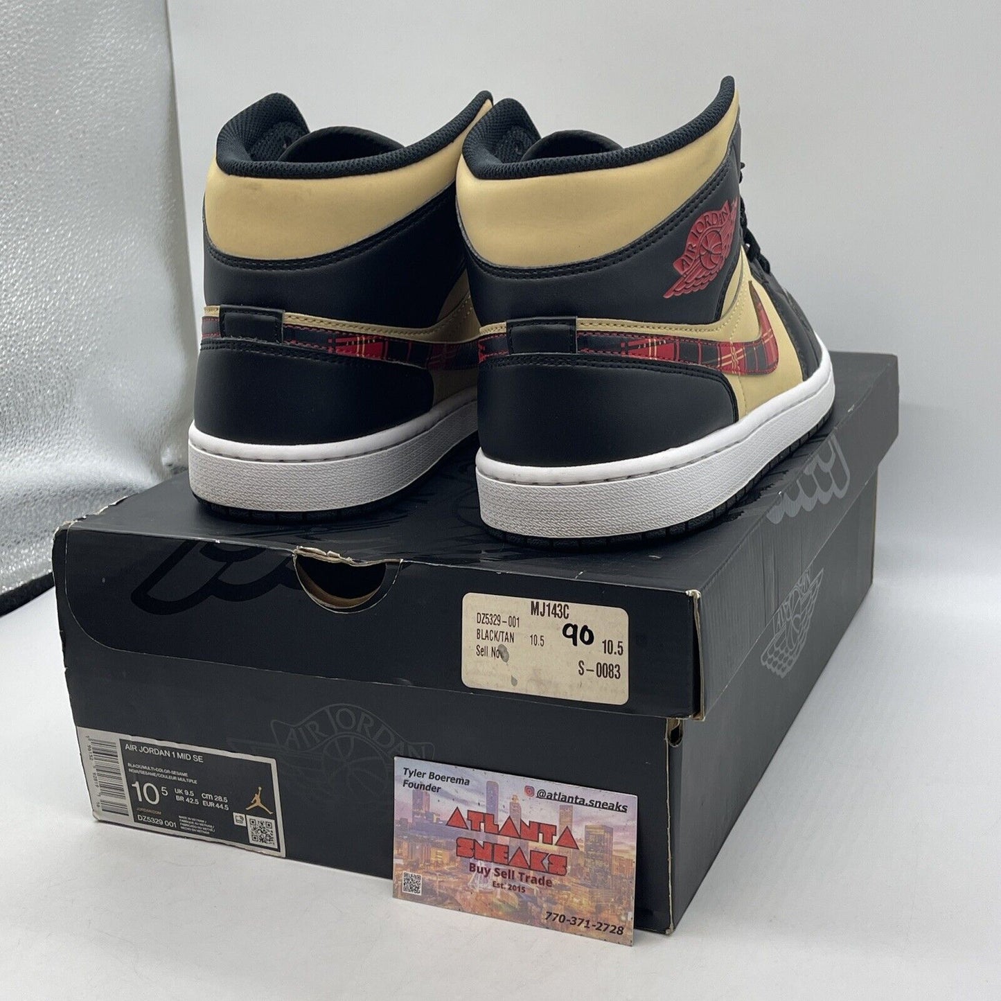 Size 10.5 - Jordan 1 Mid SE Tartan Swoosh Black White Tan Suede (DZ5329-001)