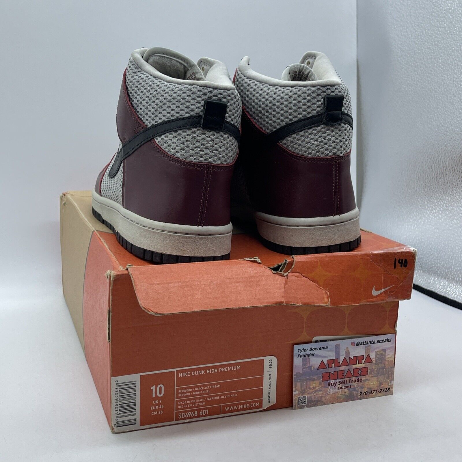 Size 10 - Nike Dunk Premium High Red grey Burgundy Leather Suede (306968-601)
