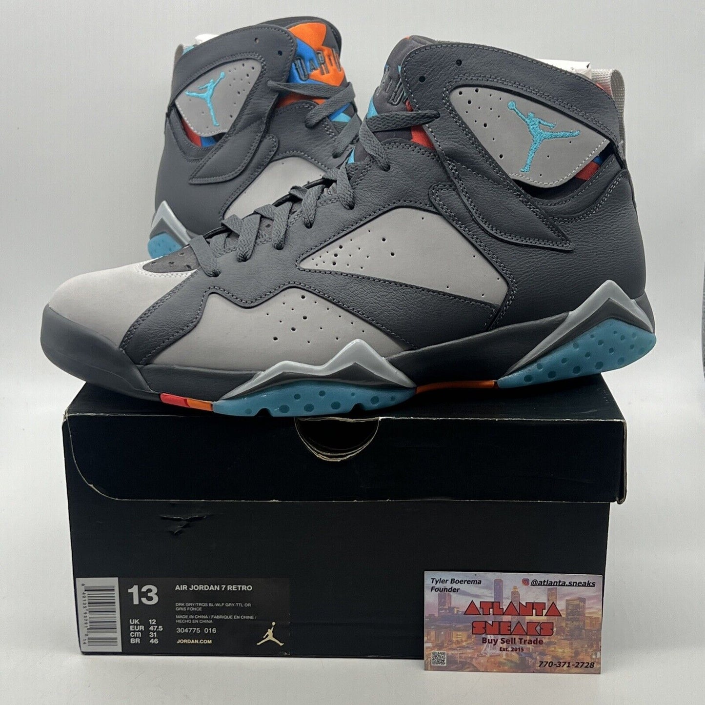 Size 13 - Air Jordan 7 Retro Barcelona Days Grey Blue Orange Suede (304775-016)