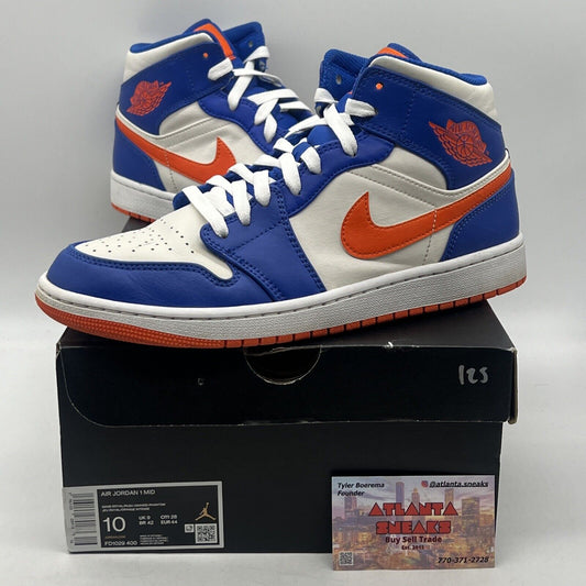 Size 10 - Jordan 1 Mid Knicks 2023 White Blue Orange Leather (FD1029-400)