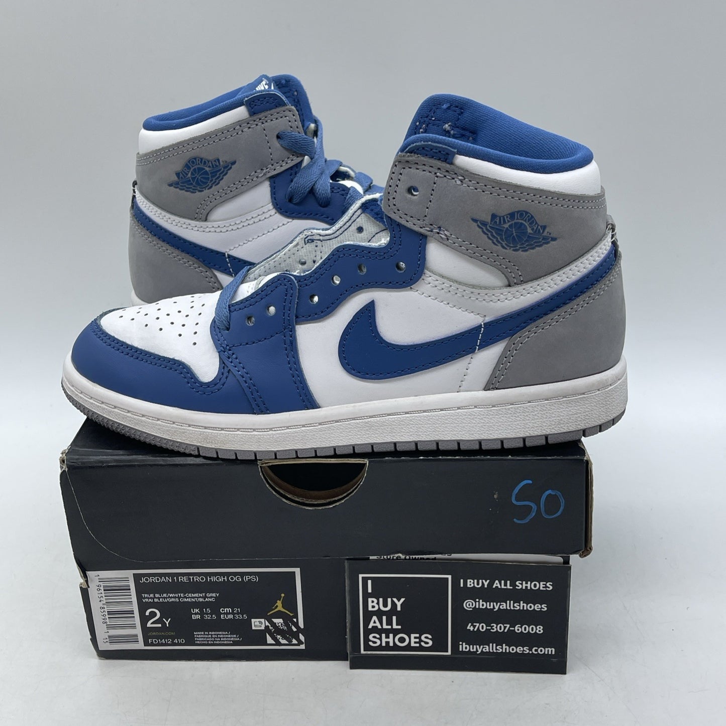 Size 2Y - Air Jordan 1 Retro OG High True Blue (FD1412-410)