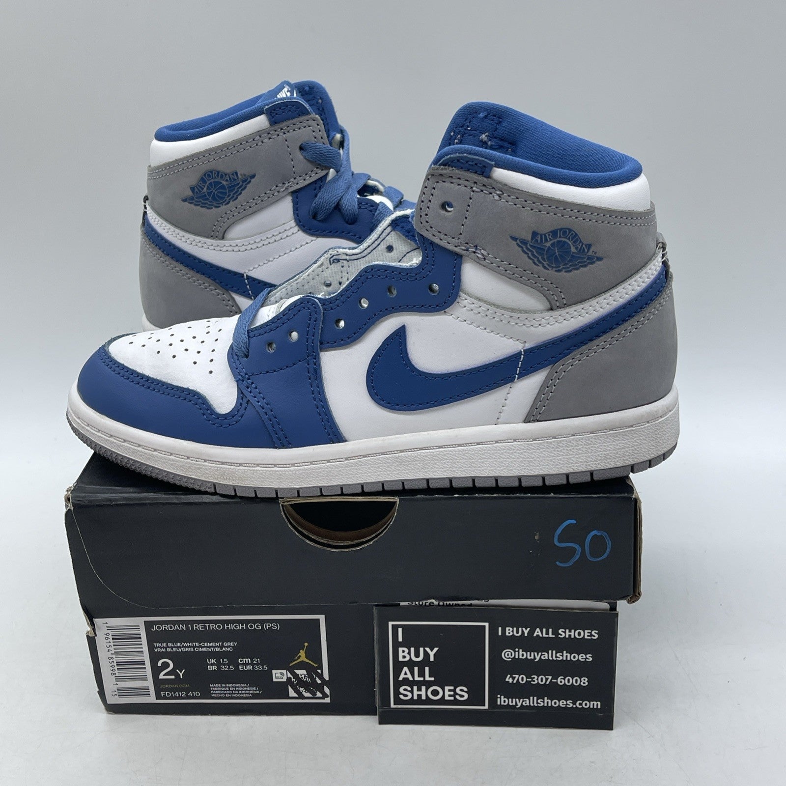 Size 2Y - Air Jordan 1 Retro OG High True Blue (FD1412-410)