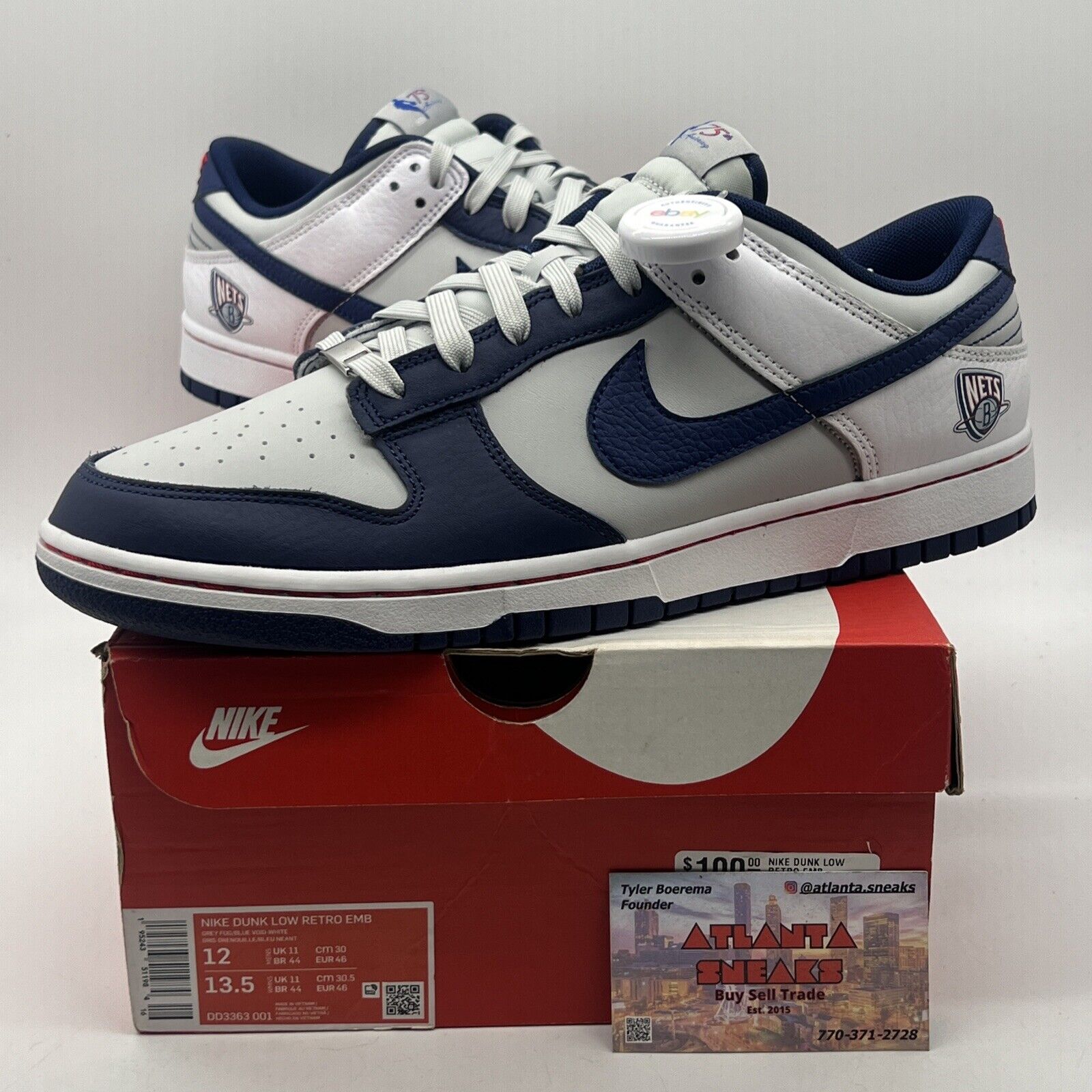 Size 12 - Nike NBA x Dunk EMB Low 75th Anniversary - Nets Navy White DD3363-001