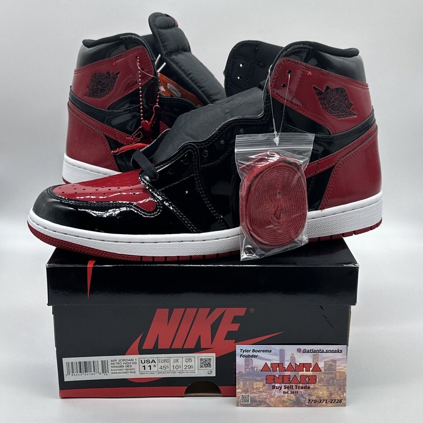 Size 11.5 - Jordan 1 Retro OG High Patent Bred Black Red Brand New Shiny Shoes