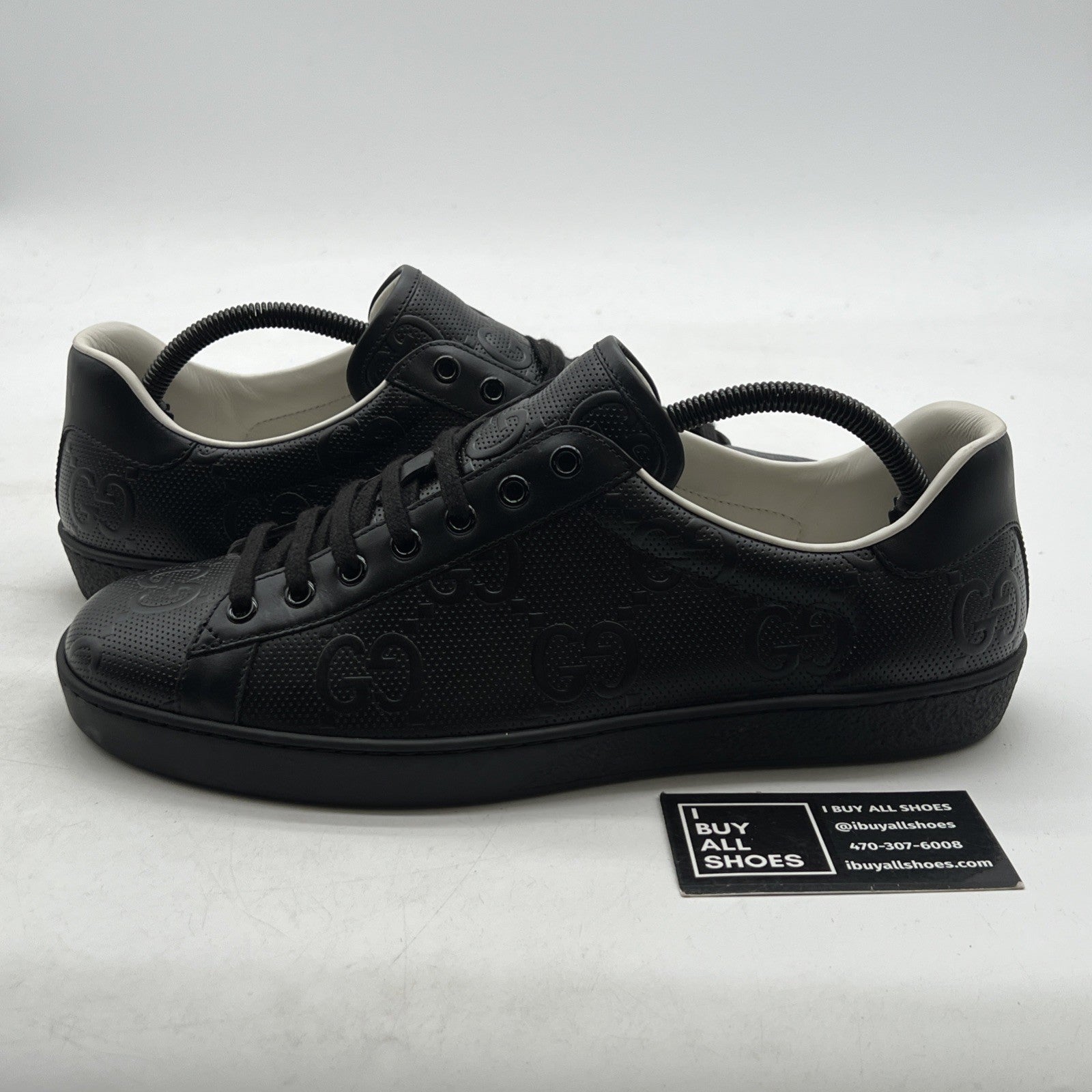Size 9G - GUCCI ACE MEN'S BLACK LEATHER LOGO EMBOSSED SNEAKERS