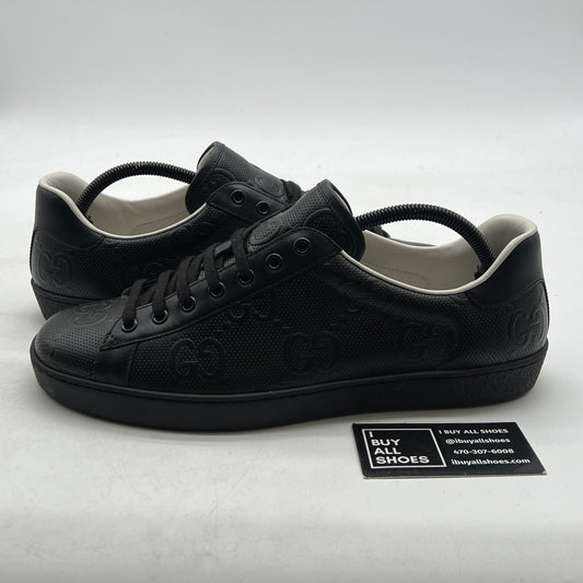 Size 9G - GUCCI ACE MEN'S BLACK LEATHER LOGO EMBOSSED SNEAKERS