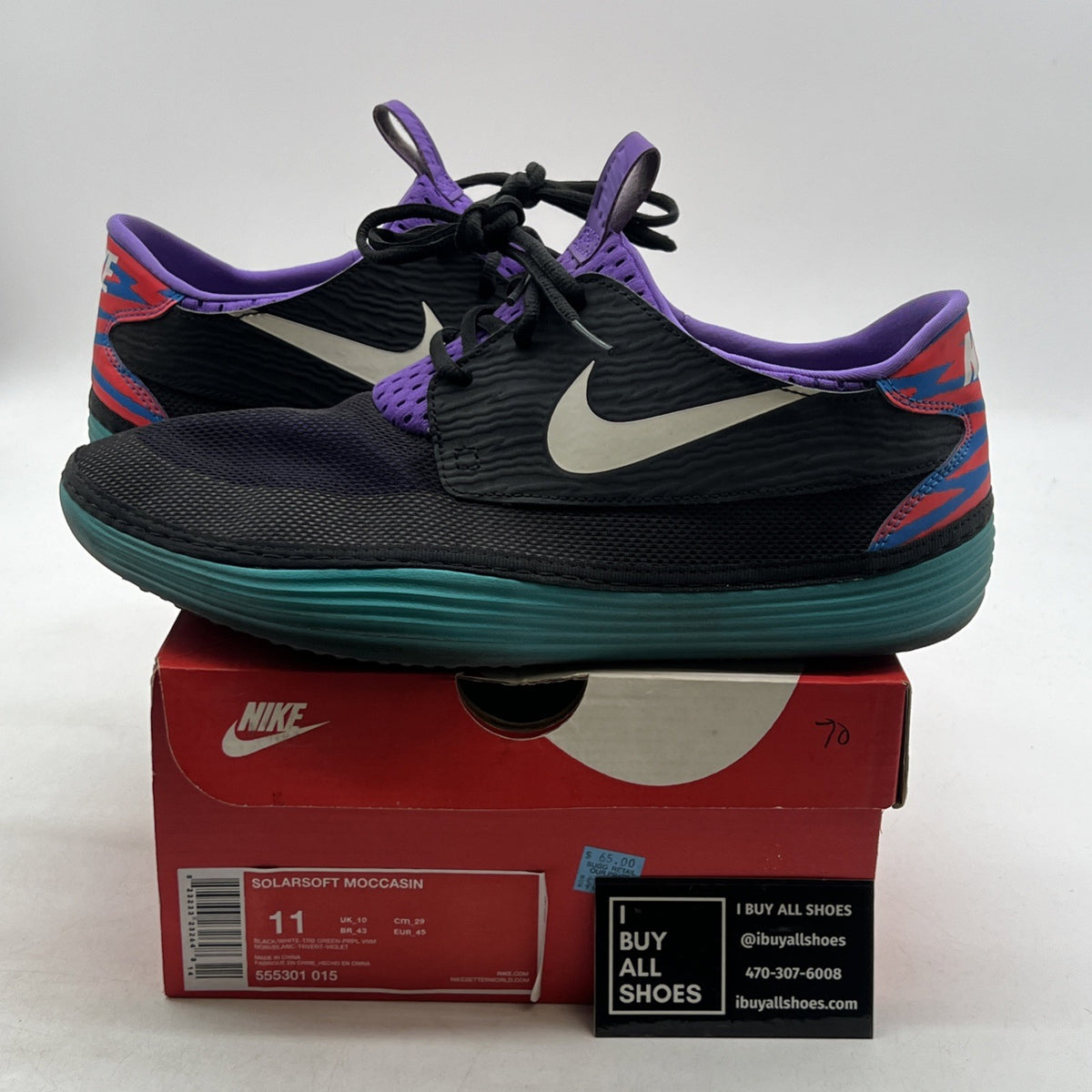Size 11 - Nike Solarsoft Moccasin Black Turbo Green Purple (555301-015)