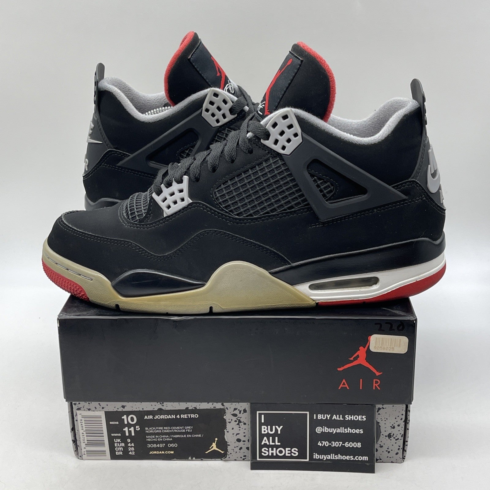 Size 10 - Jordan 4 Retro OG Mid Bred 2019 Black Grey Red Suede (308497-060)