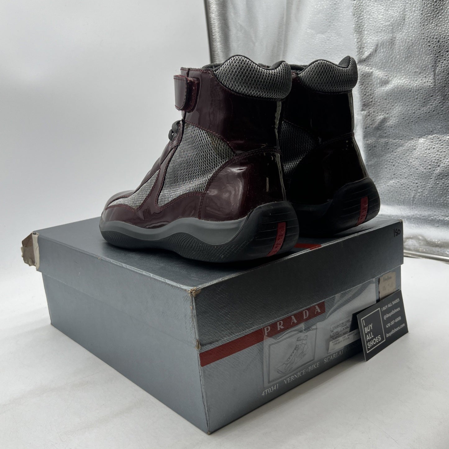 Size 9 - PRADA America's Cup Maroon Silver Mesh High Top Sneakers