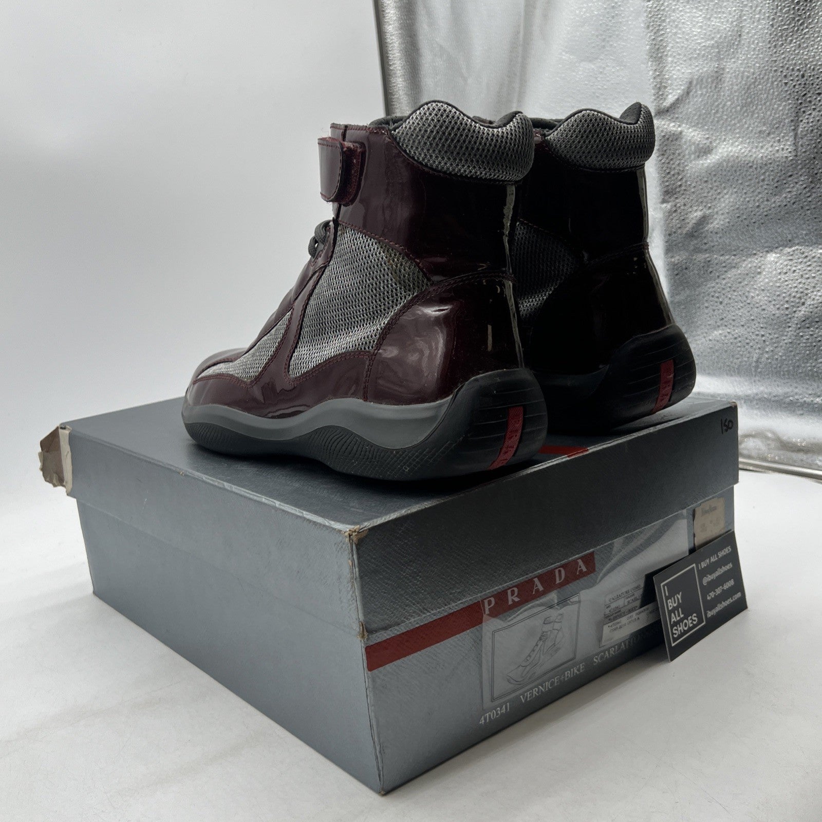Size 9 - PRADA America's Cup Maroon Silver Mesh High Top Sneakers