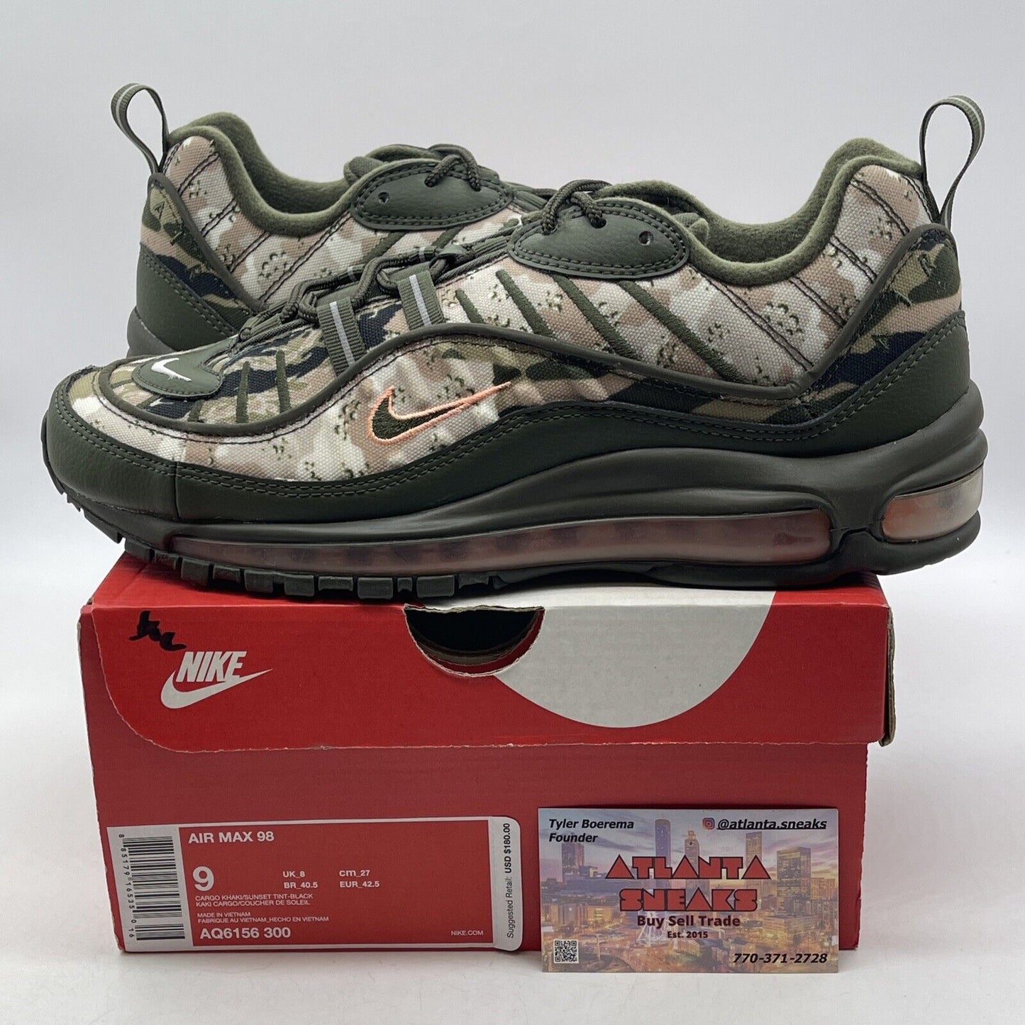 Size 9 - Nike Air Max 98 SE Floral Camo Green Black Brown Suede (AQ6156-300)