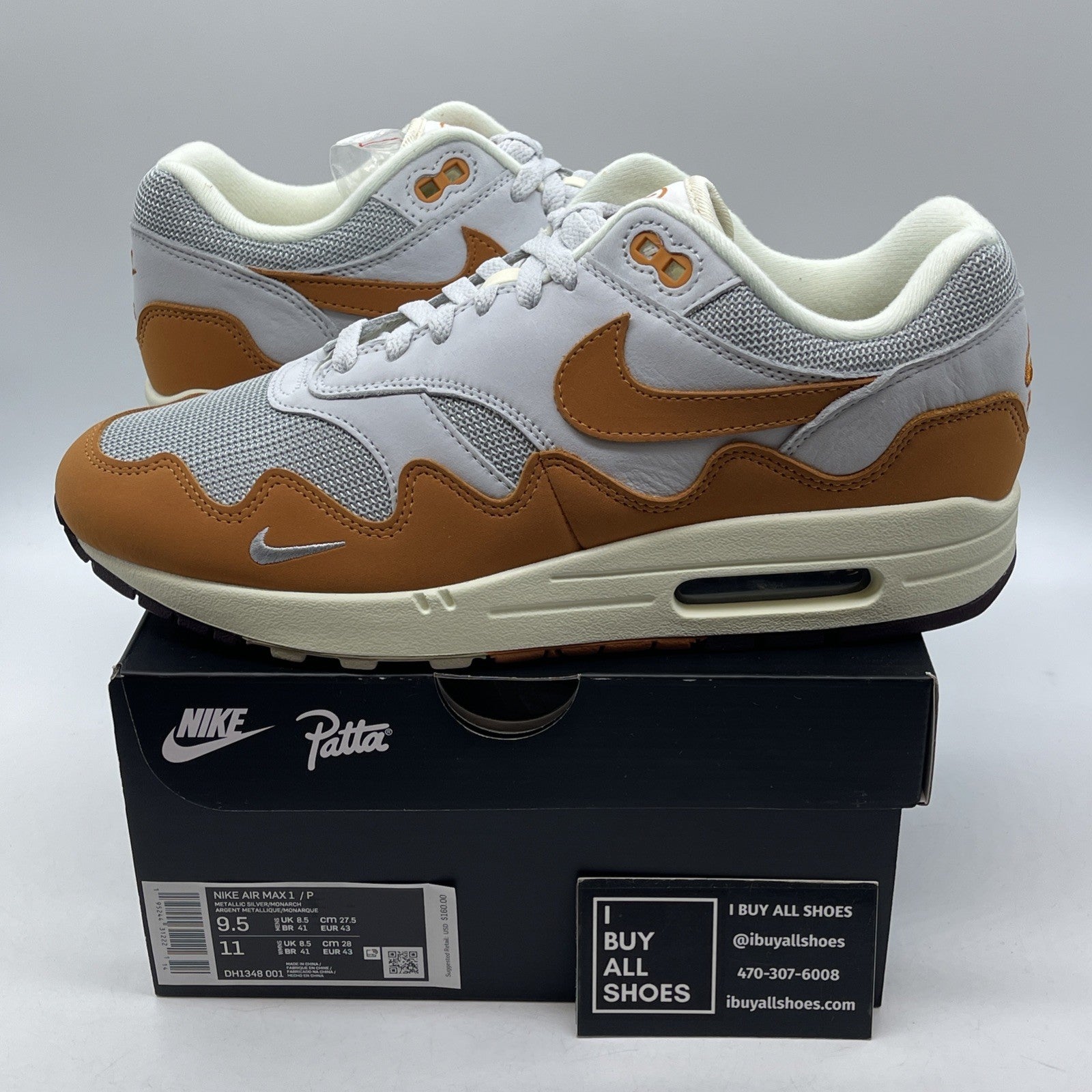 Size 9.5 - Nike Air Max 1 Patta Waves Monarch Brown Grey Suede (DH1348-001)