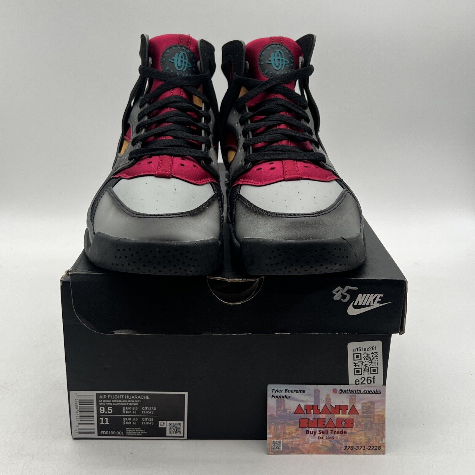 Size 9.5 - Nike Air Flight Huarache Airbrush - Bordeaux Grey Black (FD0189-001)