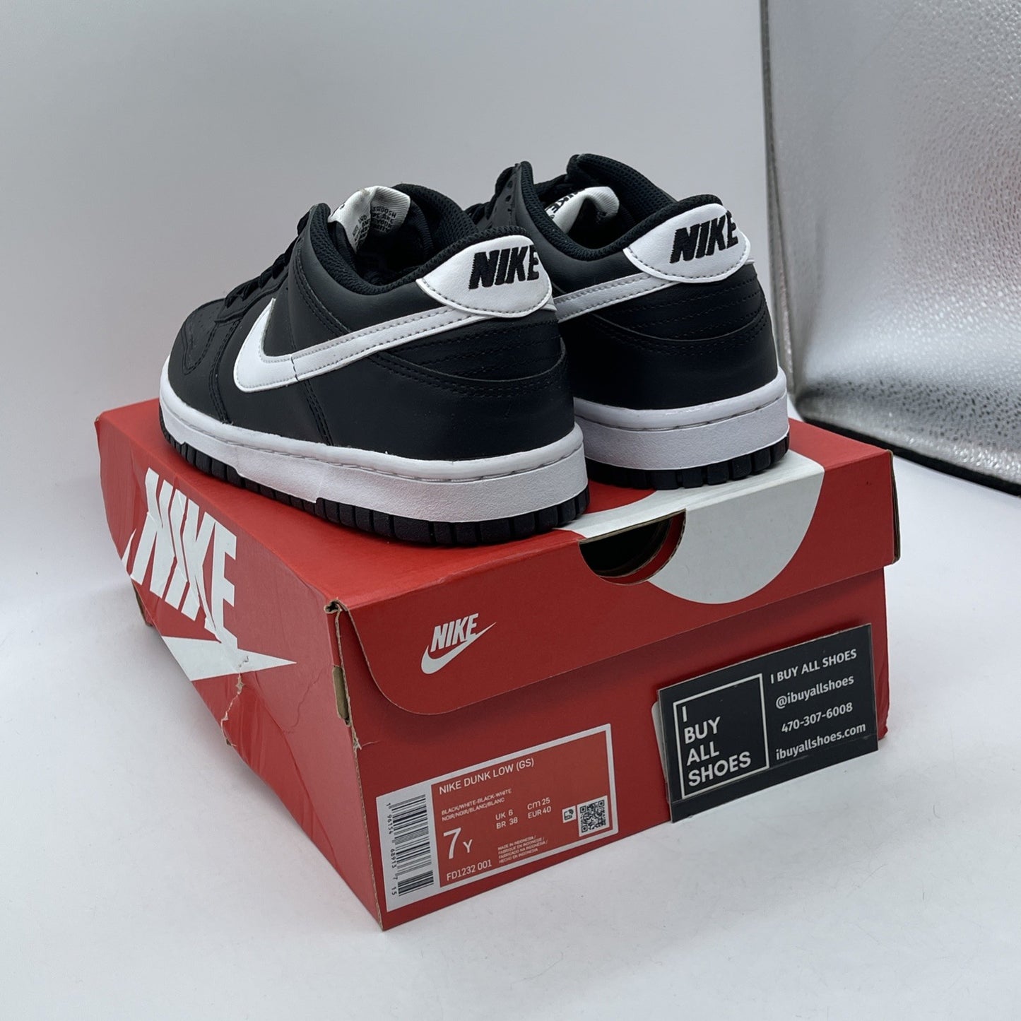 Size 7Y - Nike Dunk Low Black Panda 2.0 White Leather (FD1232-001)