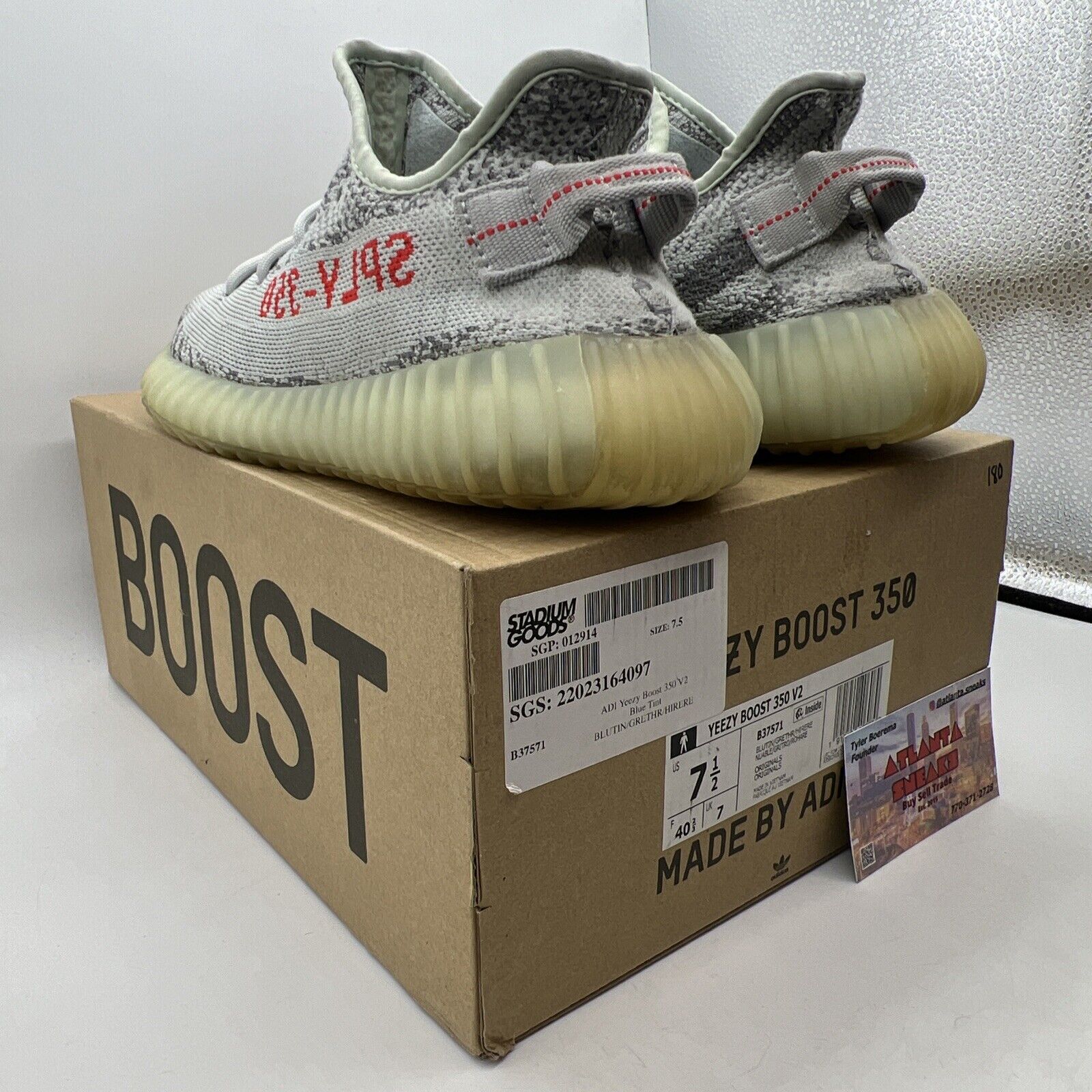 Size 7.5 - adidas Yeezy Boost 350 V2 Low Blue Tint Grey Red (B37571)