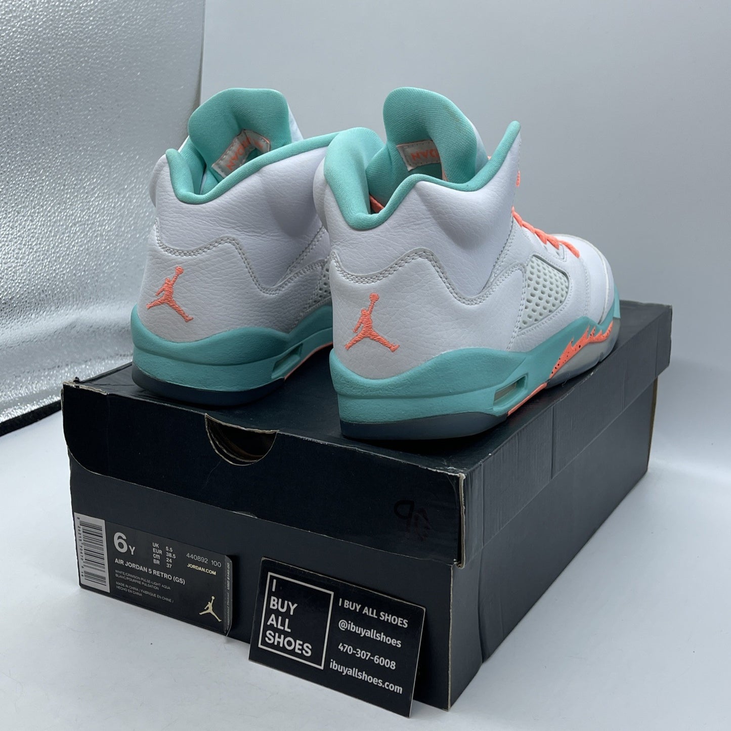 Size 6Y (GS) - Jordan 5 Retro Mid Light Aqua White Leather (440892-100)