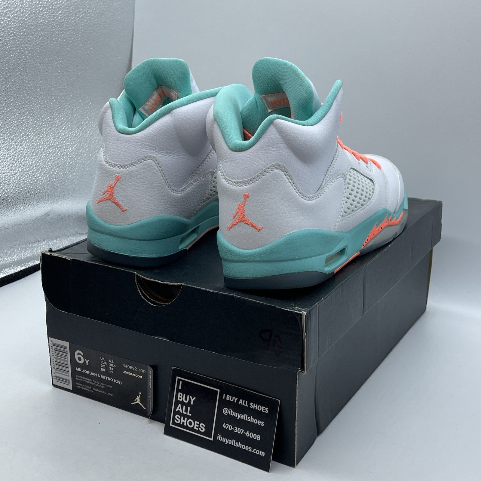 Size 6Y (GS) - Jordan 5 Retro Mid Light Aqua White Leather (440892-100)