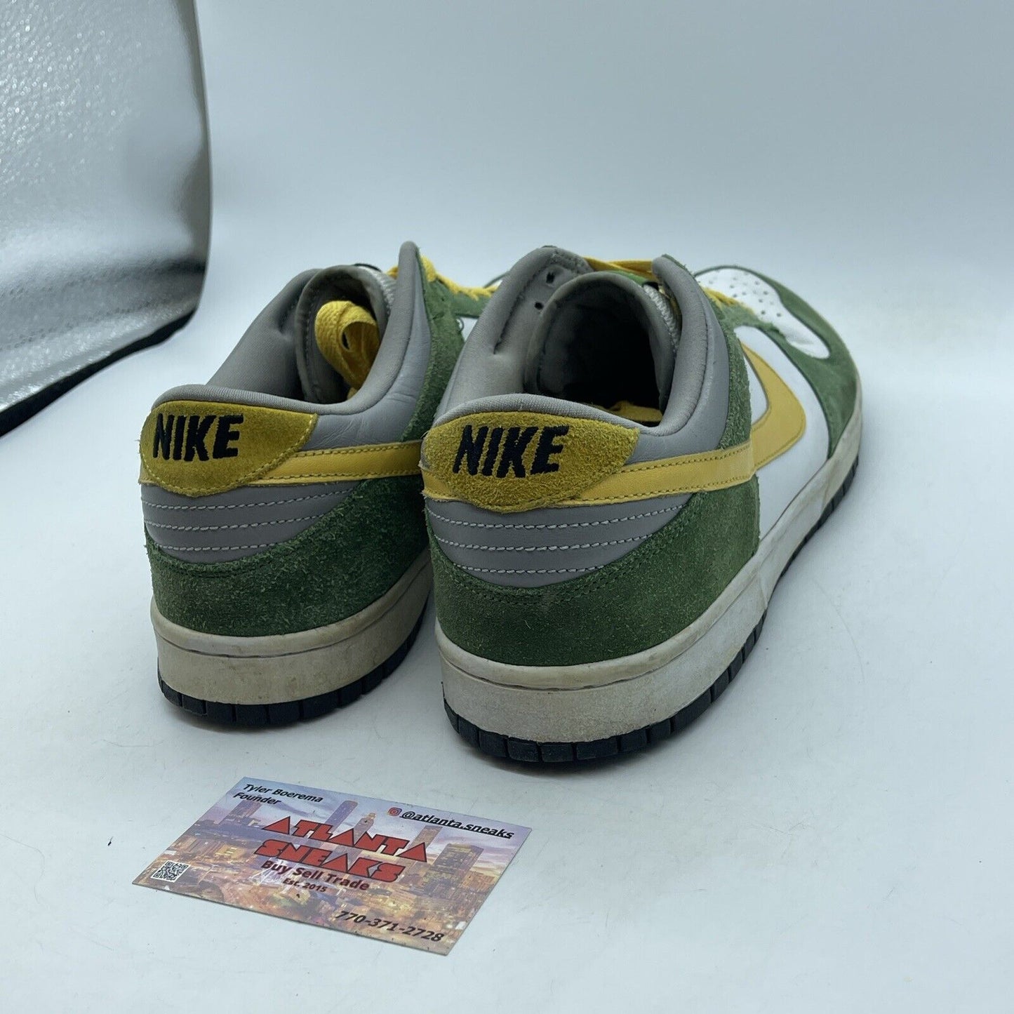 Size 10 Nike Dunk Low 6.0 White Dijon Tree Line  Green Yellow Suede (313439-131)