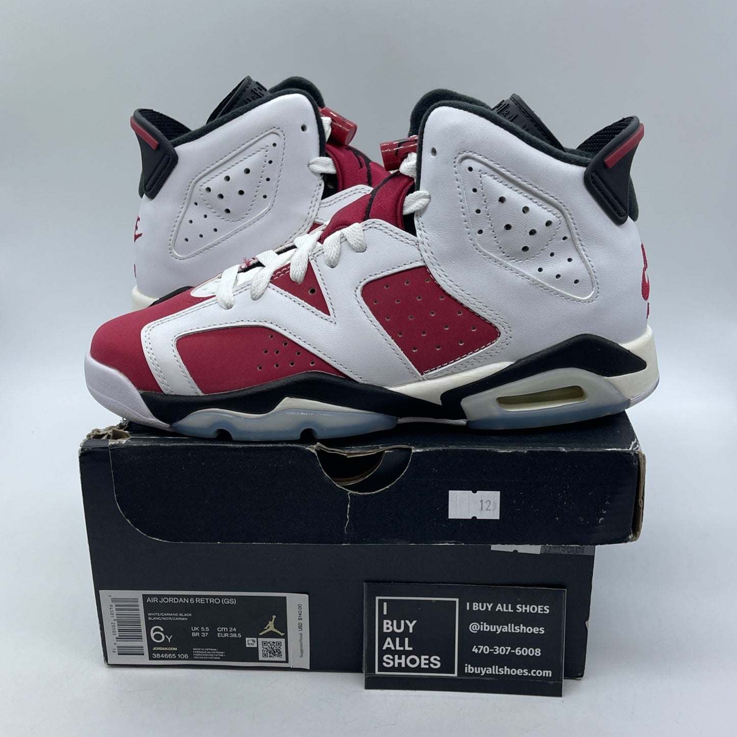 Size 6Y - Jordan 6 Retro OG Mid Carmine Red White Leather Suede (384665-106)