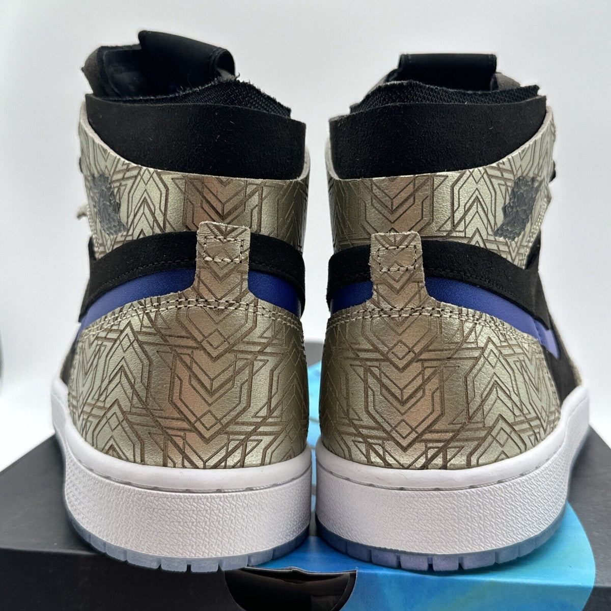 Size 9 - Jordan 1 Zoom Comfort Gold Laser 2021 Blue Black Suede Icy Soles New OG
