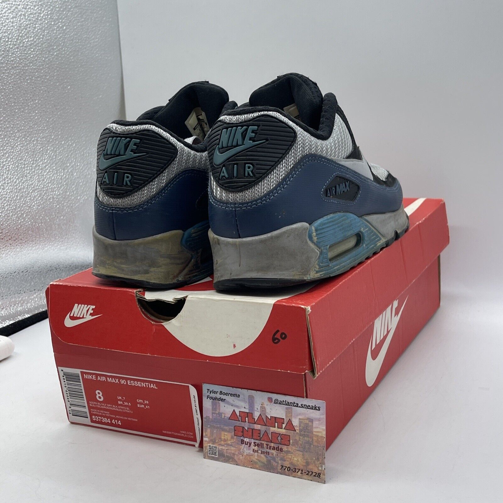 Size 8 - Nike Air Max 90 Essential Blue Grey Black Suede Leather (537384-414)