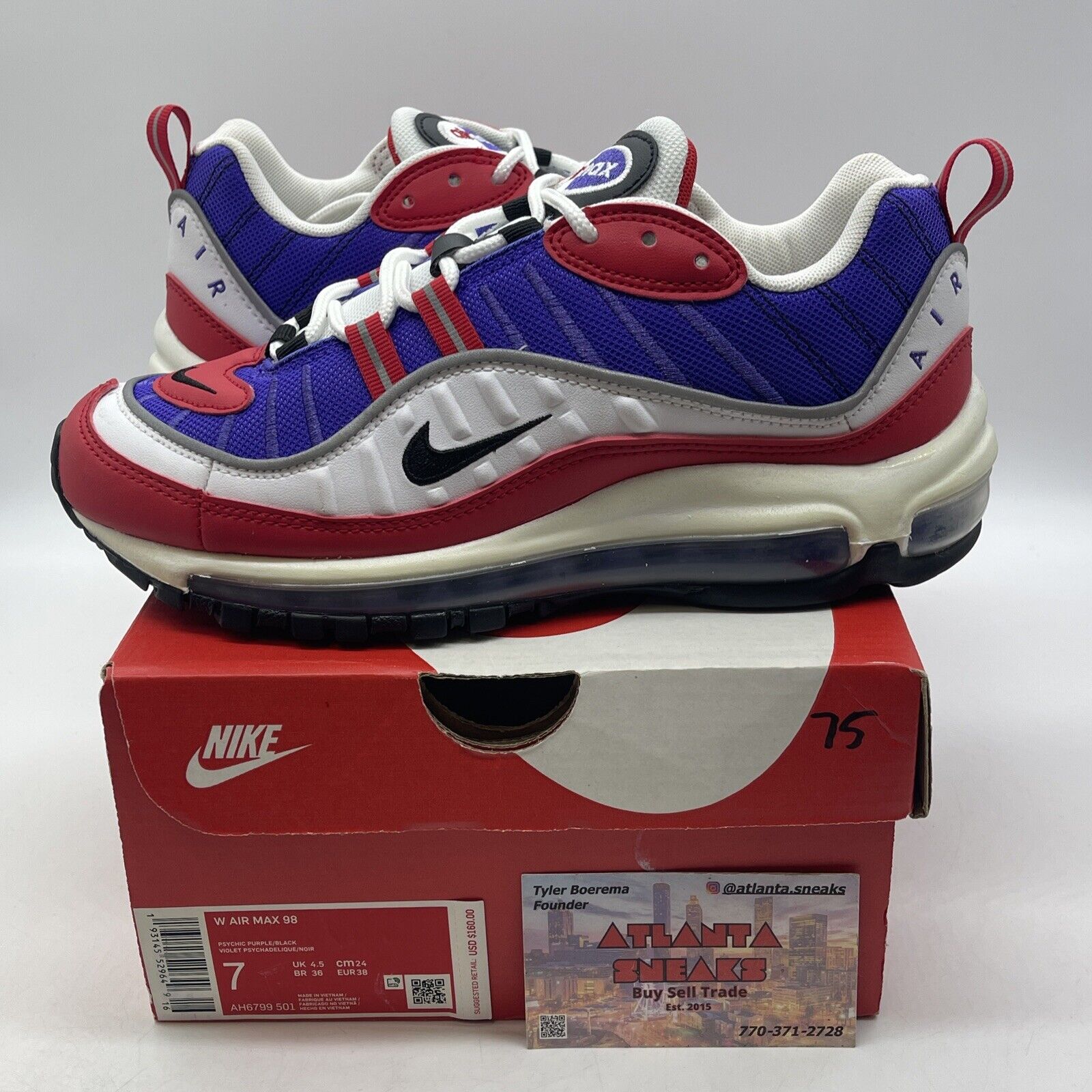 Size 7W - Nike Air Max 98 Raptors Alternative Purple White Red (AH6799-501)