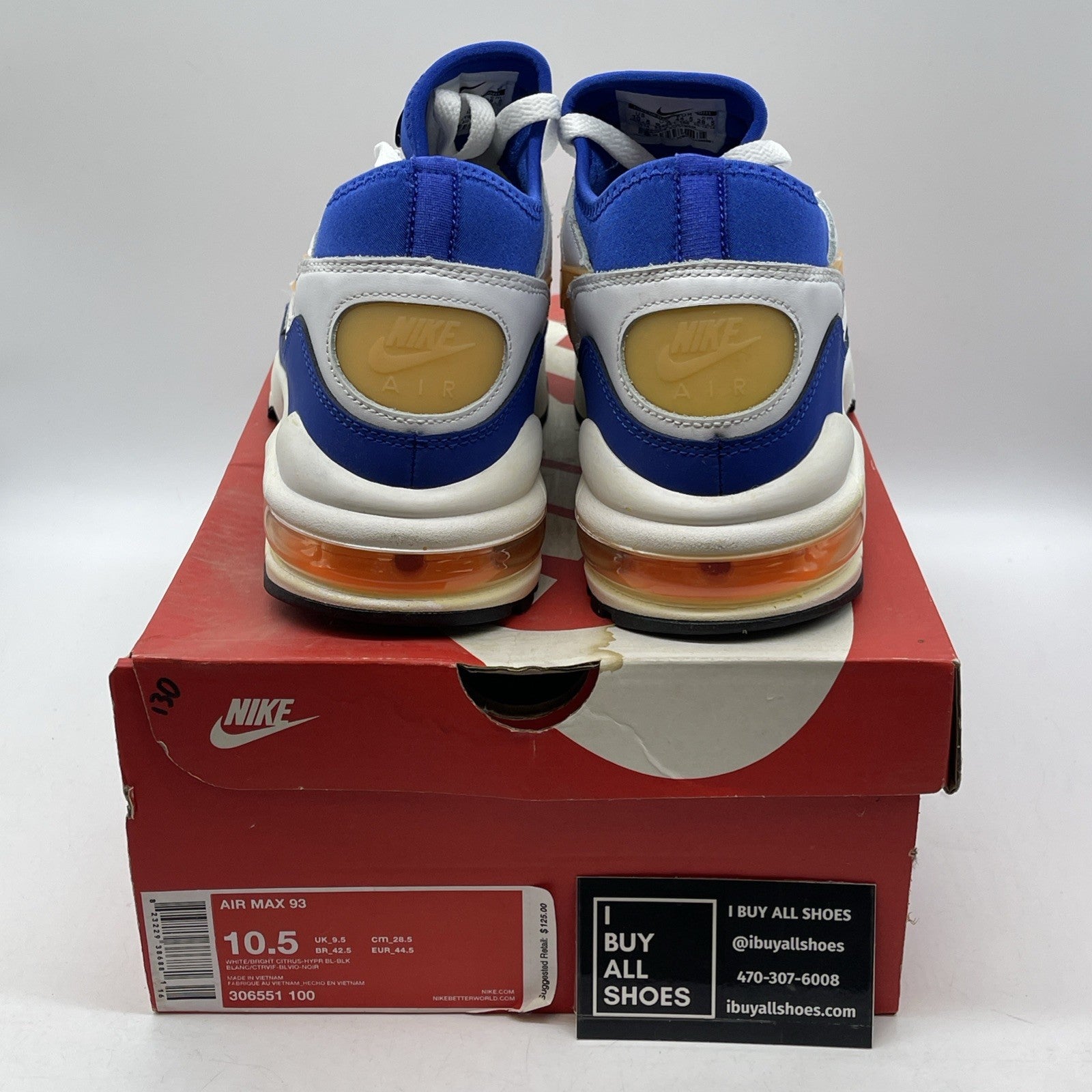 Size 10.5 - Nike Air Max 93 Bright Citrus White Blue Leather (306551-100)