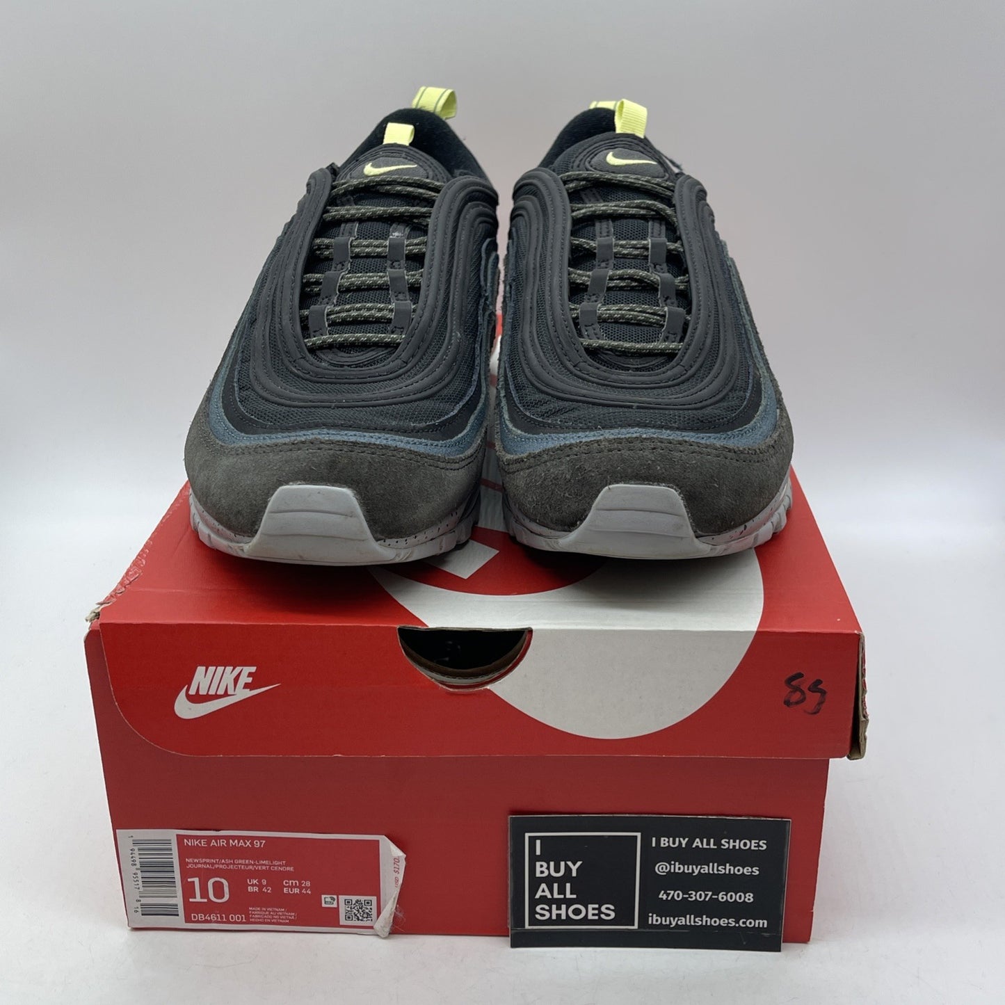 Size 10 - Nike Air Max 97 Newsprint Grey Blue Black Suede Leather (DB4611-001)