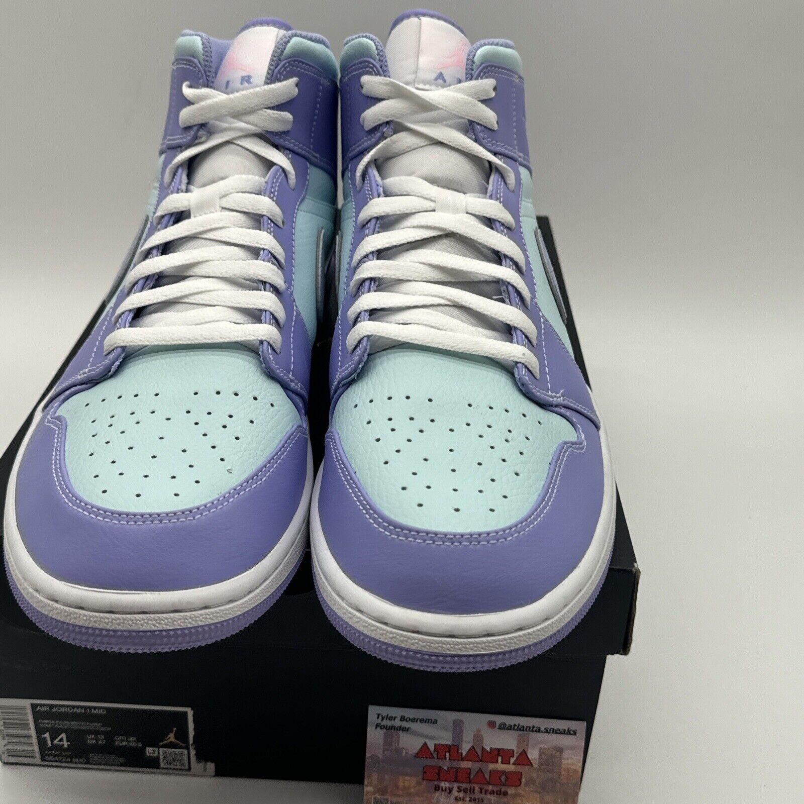 Size 14 - Jordan 1 Mid Purple Aqua Blue Unc White Midsole Nice Leather New OG Al