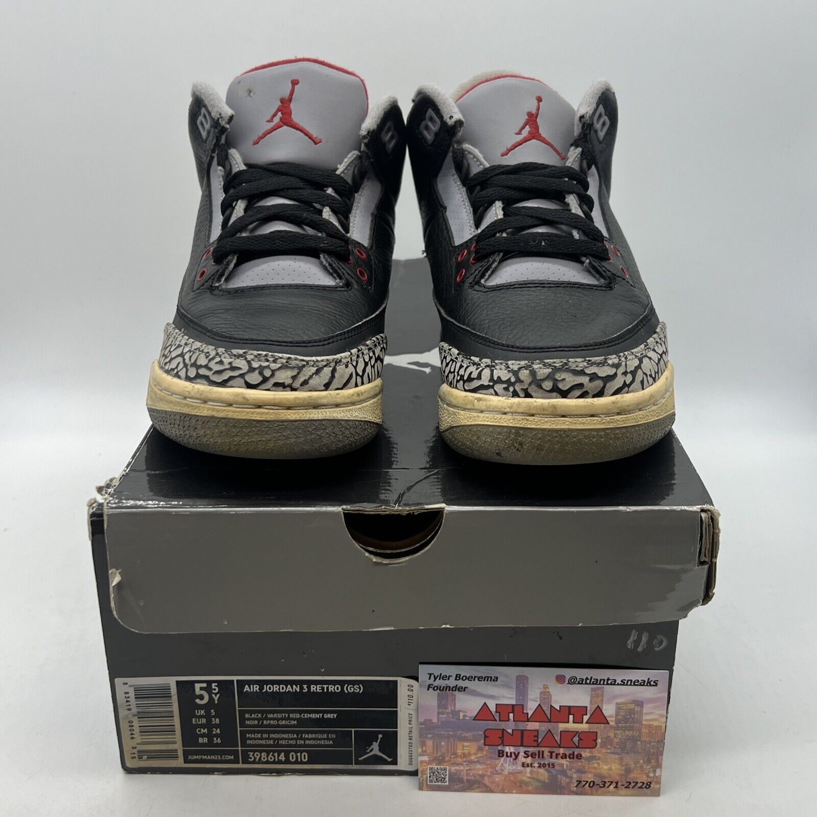 Air Jordan 3  Retro OG Black Cement 2010 Size 5.5Y Grey Red Leather (398614-010)