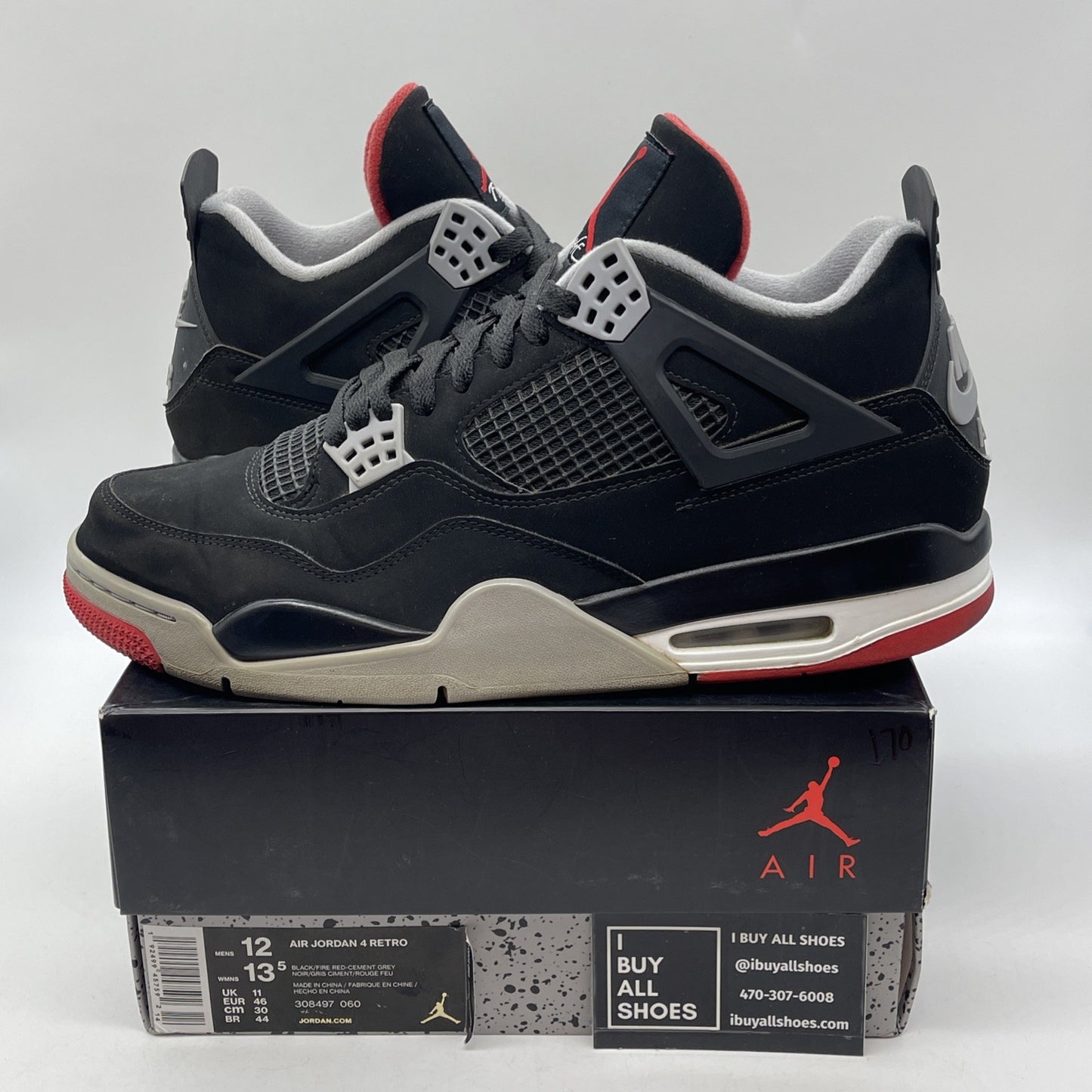Size 12 - Jordan 4 Retro OG Mid Bred Black Grey Red White Suede (308497-060)