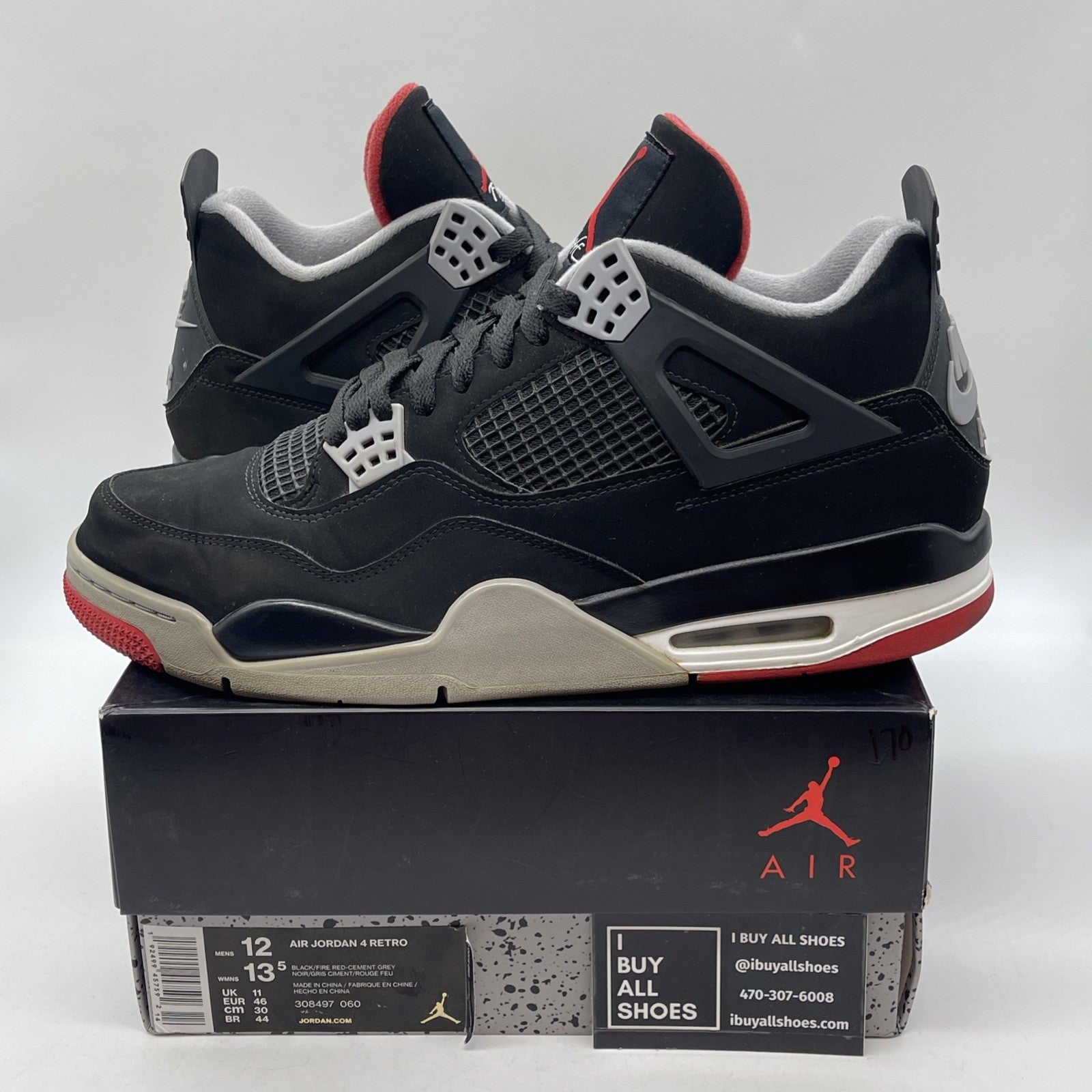 Size 12 - Jordan 4 Retro OG Mid Bred Black Grey Red White Suede (308497-060)