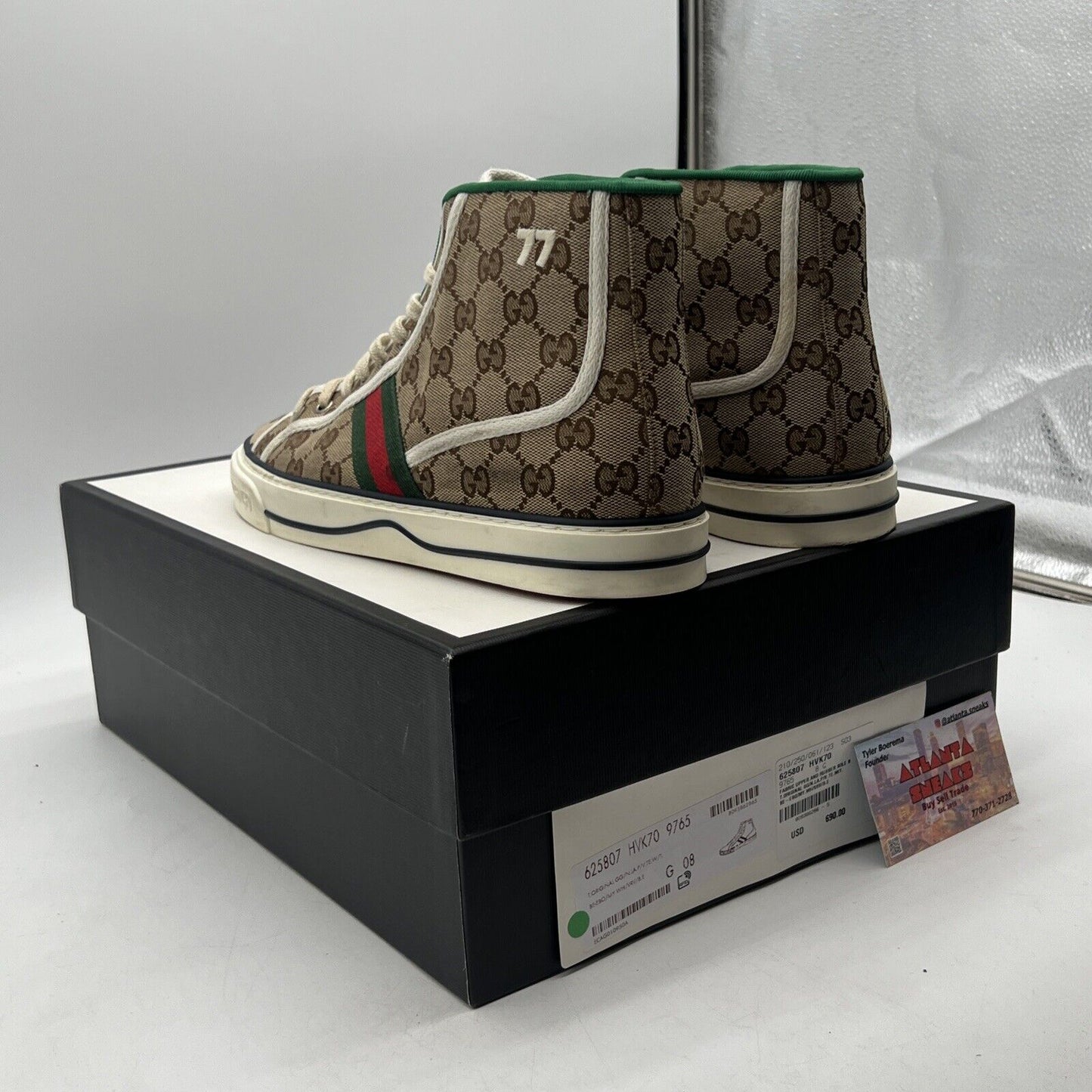 Size 8.5 - Men's Gucci Tennis 1977 High Top Sneaker Beige/Green/Red