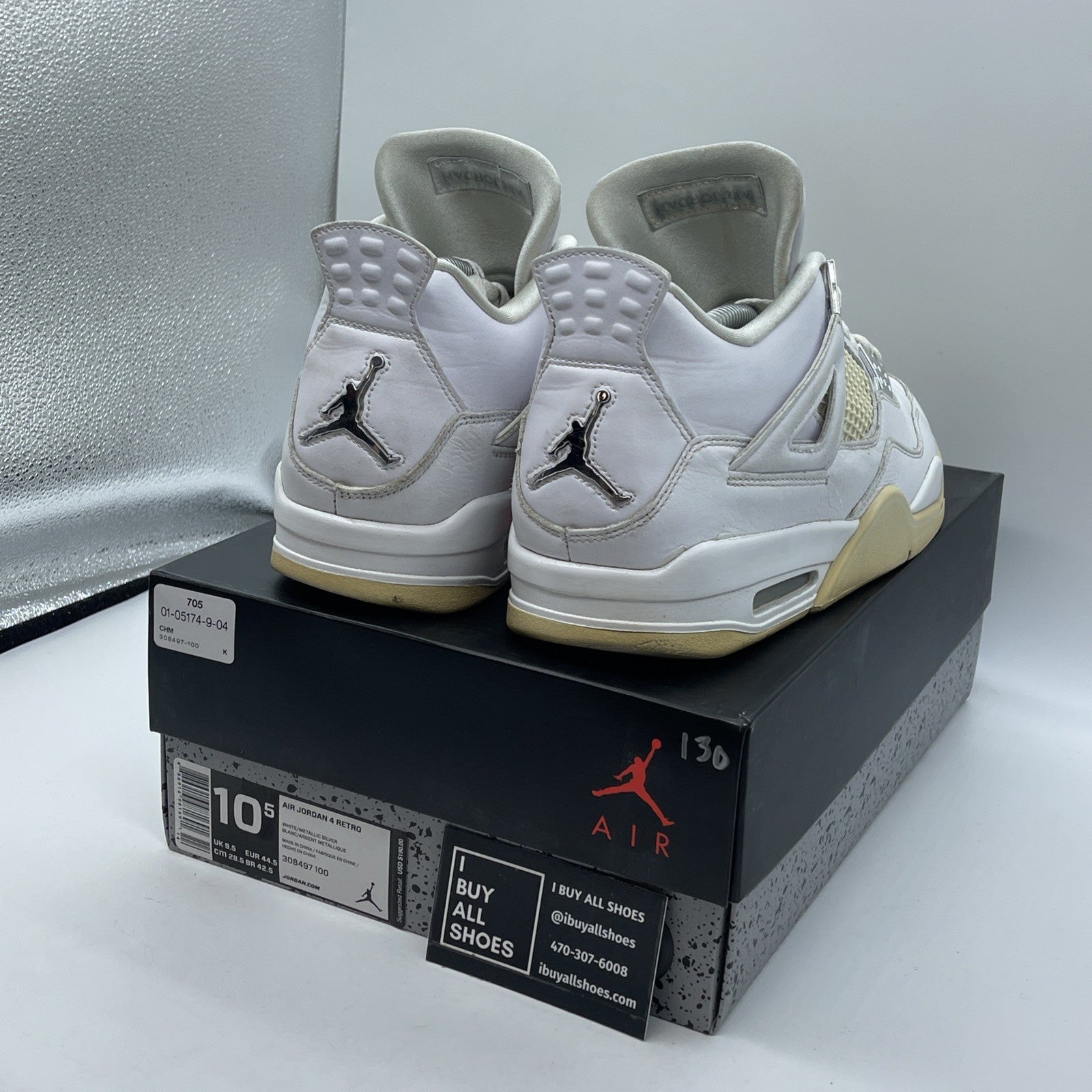 Size 10.5 - Jordan 4 Retro Mid Pure Money White Silver Leather (308497-100)