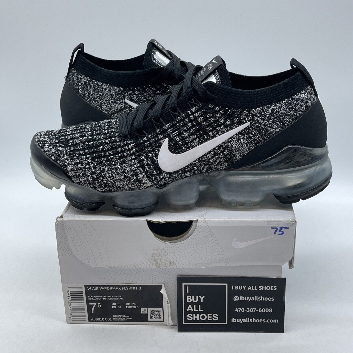 Size 7.5W - Nike Air VaporMax Flyknit 3 Oreo Black White Suede (AJ6910-001)