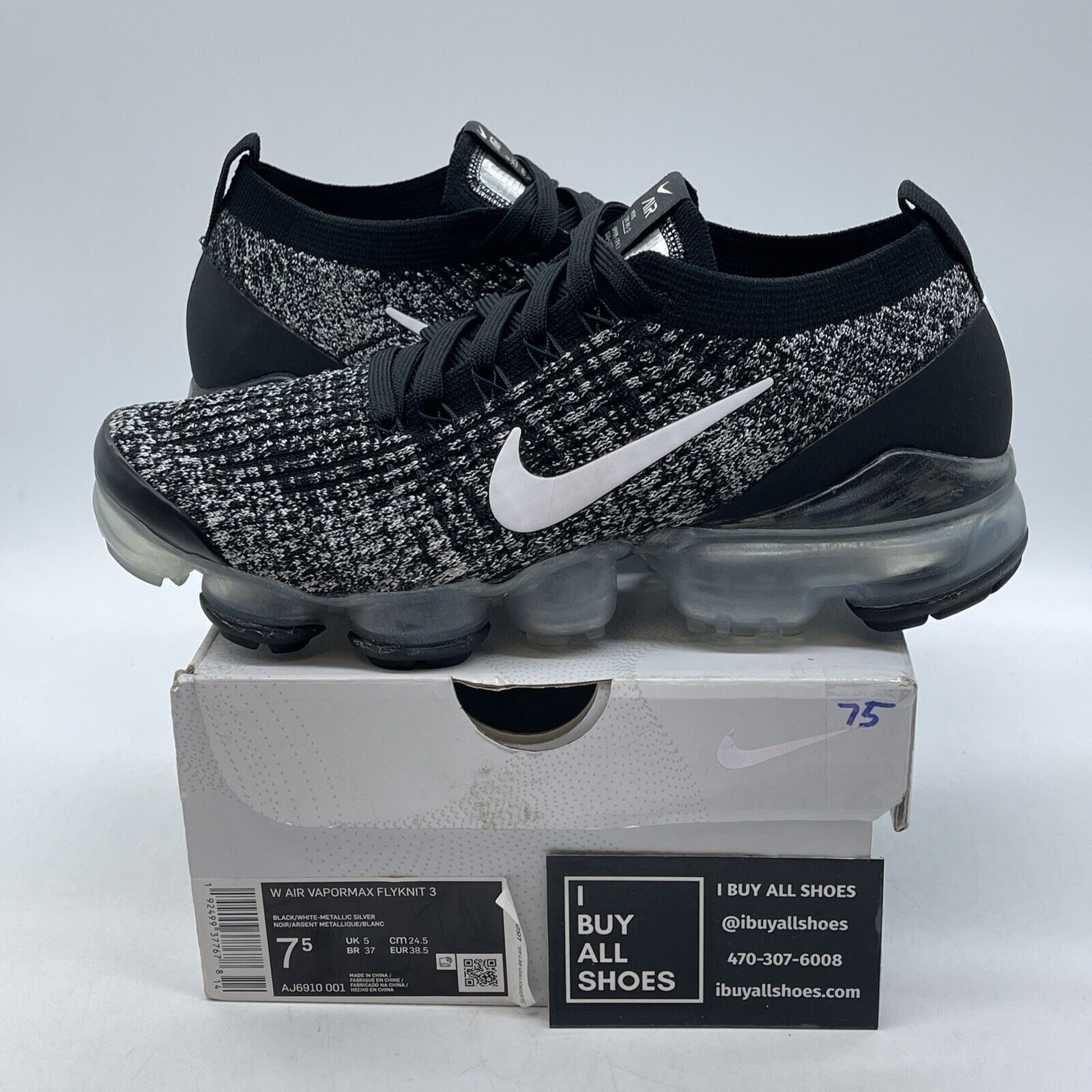 Size 7.5W - Nike Air VaporMax Flyknit 3 Oreo Black White Suede (AJ6910-001)