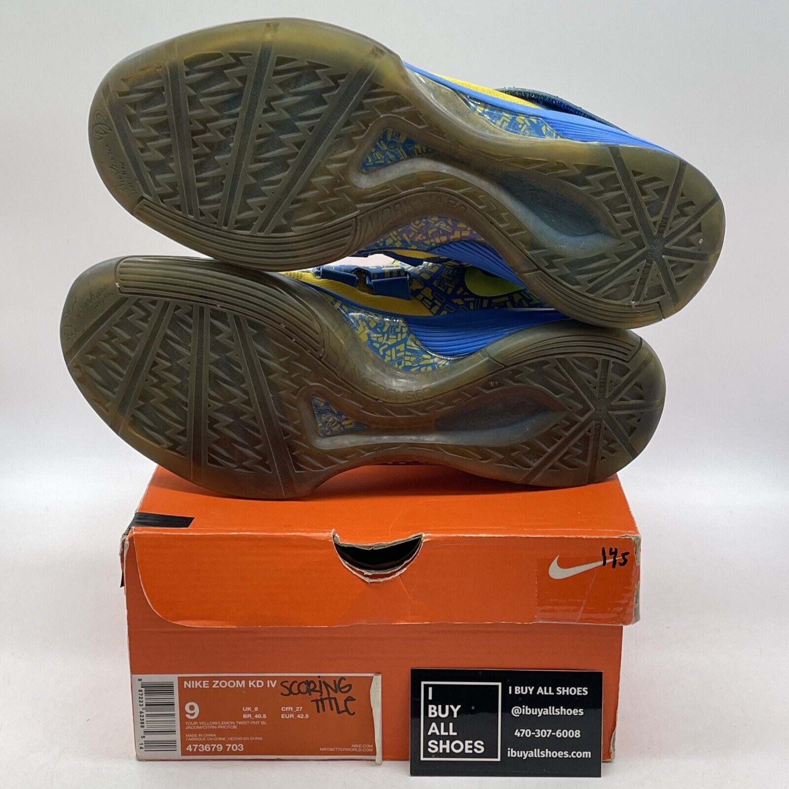 Size 9 - Nike Zoom KD 4 2012 Scoring Title Blue Yellow Leather (473679-703)