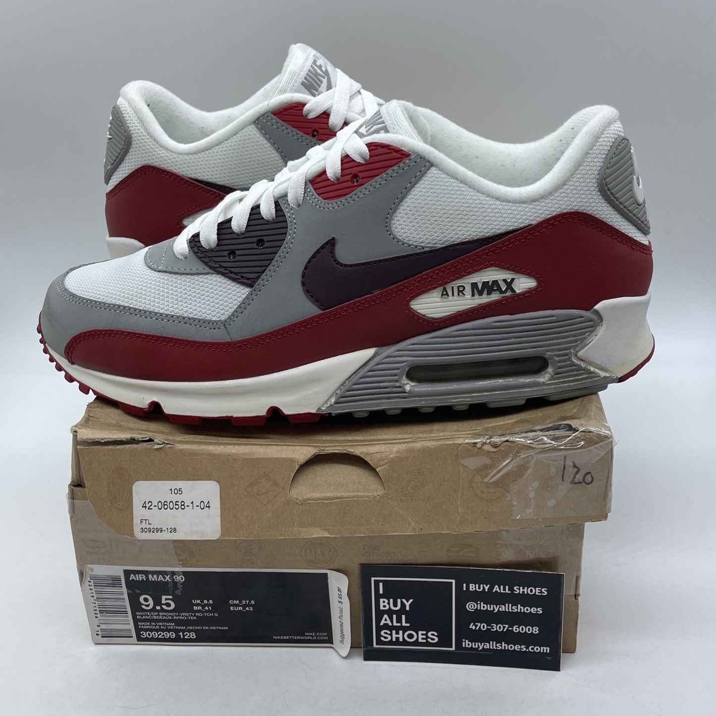 Size 9.5 - Nike Air Max 90 White Grey Red Leather Suede (309299-128)