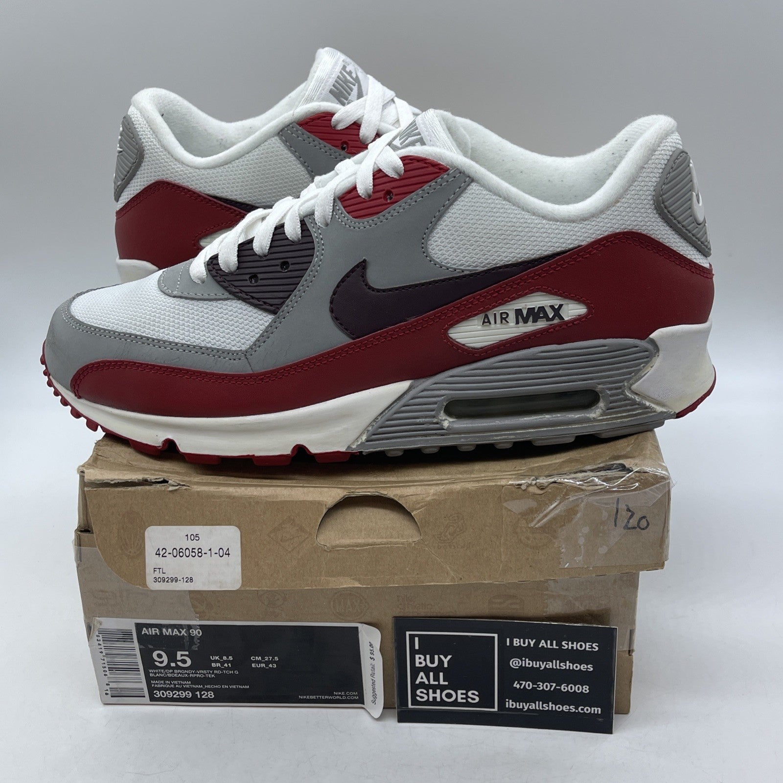 Size 9.5 - Nike Air Max 90 White Grey Red Leather Suede (309299-128)