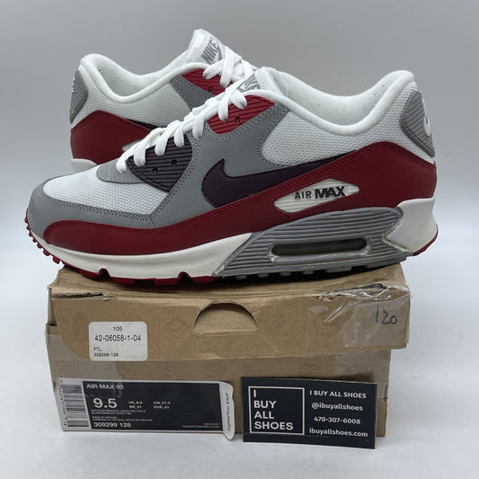 Size 9.5 - Nike Air Max 90 White Grey Red Leather Suede (309299-128)