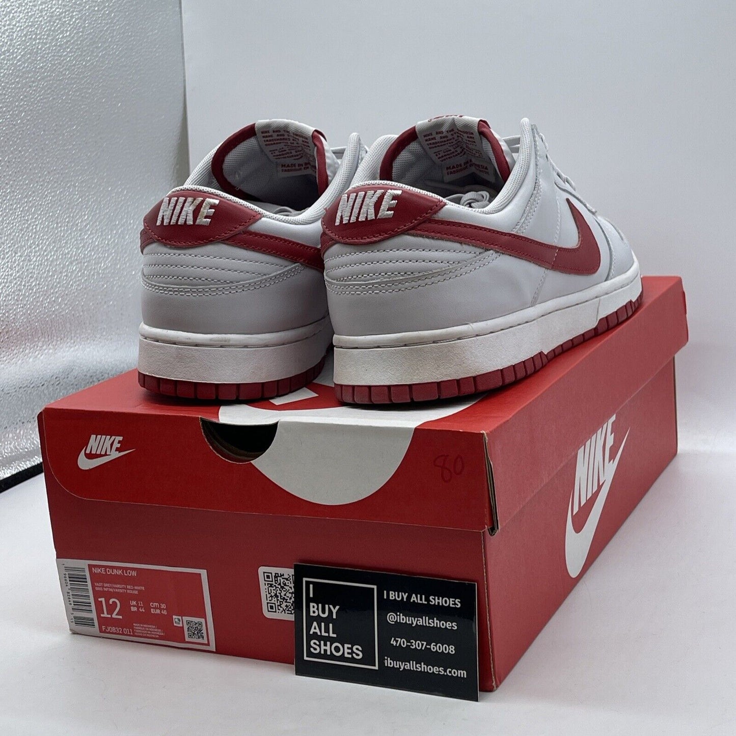 Size 12 - Dunk Low Vast Grey Varsity Red White Leather (FJ0832-011)