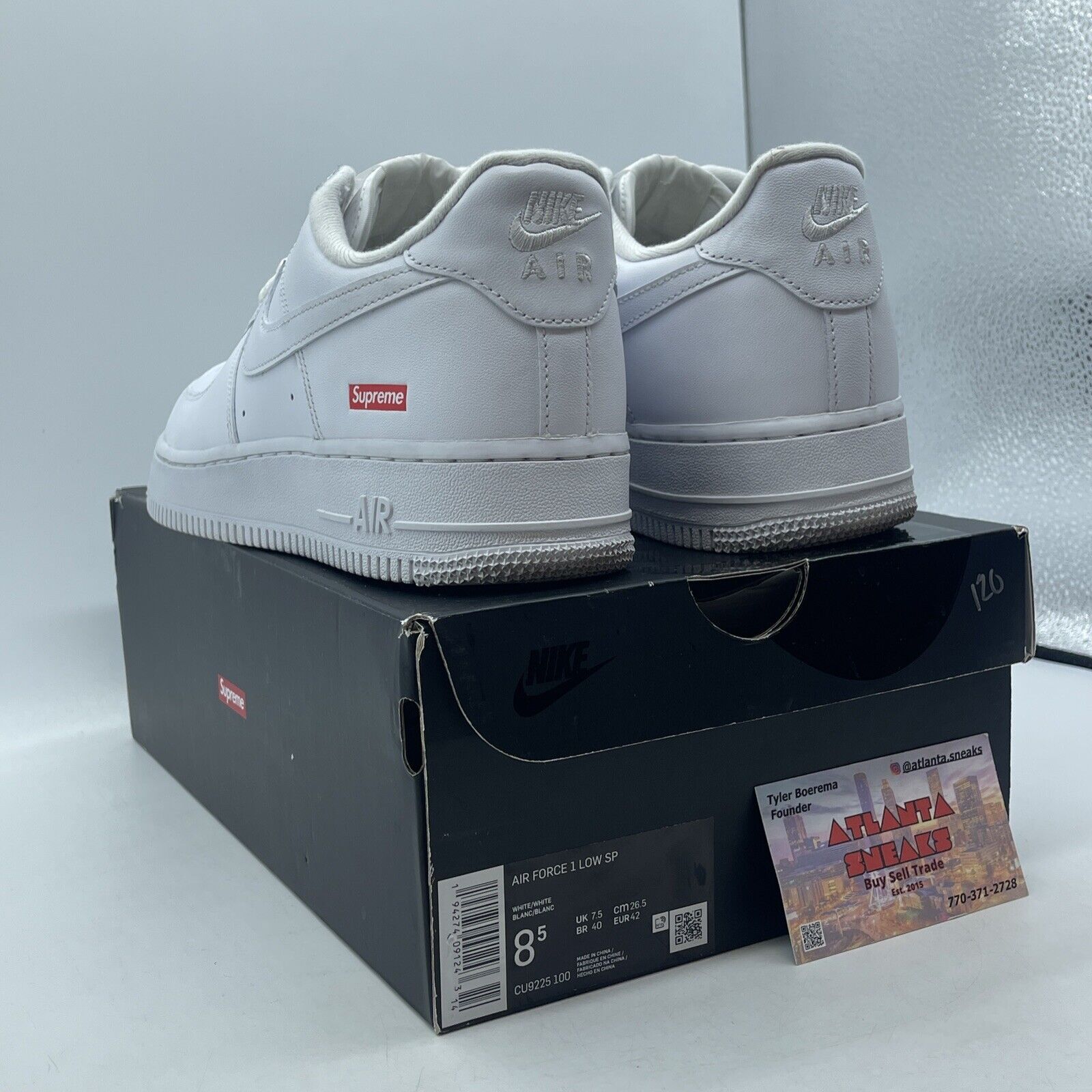 Size 8.5 - Nike Air Force 1 x Supreme Low Box Logo - White (CU9225-100)